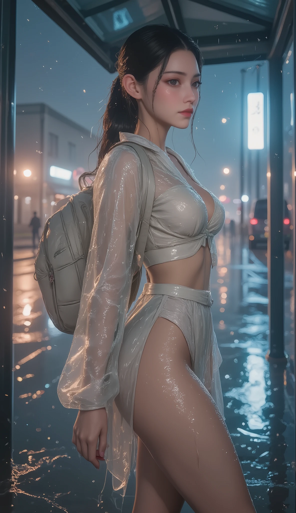NSFW, TOP QUALITY , HD, 16k, unbelievably ridiculous , very well detailed, 2.5D, Delicate and Dynamic , beautiful woman, attractive smile , busty high school girl , uniform、 sailor suit、、 , backpack, , glitter effect, ((It's raining:1.3))、((My clothes get wet in the rain、and I can see through my underwear:1.7))、 Waiting for the Bus at the Bus Stop , ((Big puddle、Reflected in a puddle:1.8)