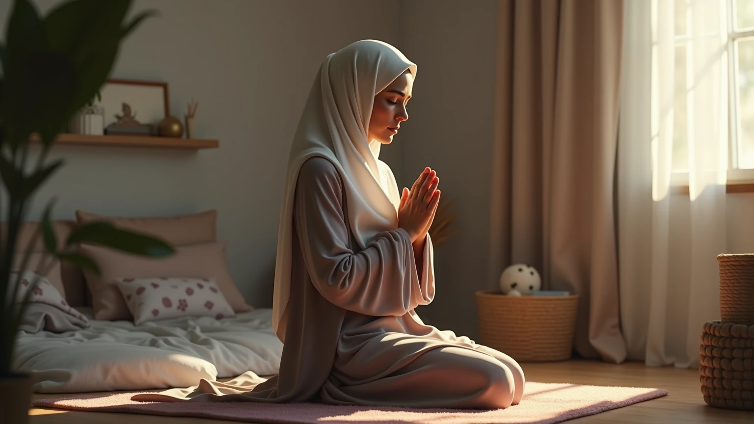 Hijab girl in sajdah in aesthetic room with side corner bed