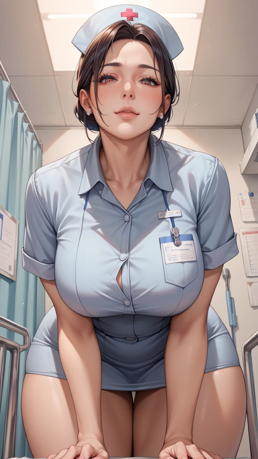 masterpiece, bestQualit, detailedded, only, 1girl, nurse, stockings, seductive pose, big naked boobs with nipples, sexy, porn, nurse cap, Gloves, Smiling, attentive, compassionate, interact, friendly, warm, hospital, Medical Clinic, nursing position, bedside patient, treatment room, Medical equipment, supplies, hospital beds, monitors, medications, patient, Colleagues, traditional, light blue, protective, background, frame, medical, clinic, bedside, treatment, equipment, supplies, hospital bed, monitor , medications, surgical mask, Short hair, beautiful brown eyes,sweating, blushing, heavy breathing, surgical mask, Medical gloves, lingerie, stockings, seductive pose, (Rain)