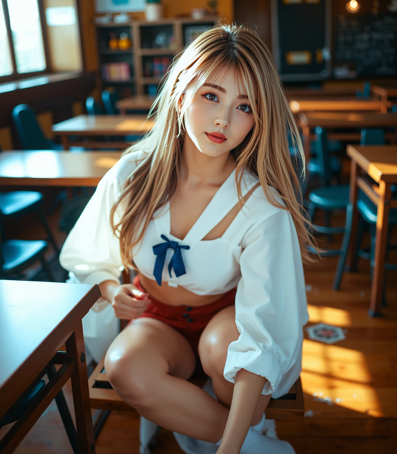 (highest quality、4k、8k、high resolution、masterpiece: 1.2)、Super detailed、(real、photorealistic、photorealistic: 1.37)、beautiful japanese girl、1 person、 (15 years old)、solo、(from an angle:1.4)、(Reaching sexual ecstasy:1.6) 、(short sleeve sailor suit) 、(panties）、crotch crack、Beautiful butt、sit at desk、Put your hands and elbows on the desk and stick out your crotch to emphasize it.、twin tails、inside the classroom、mynatalee woman