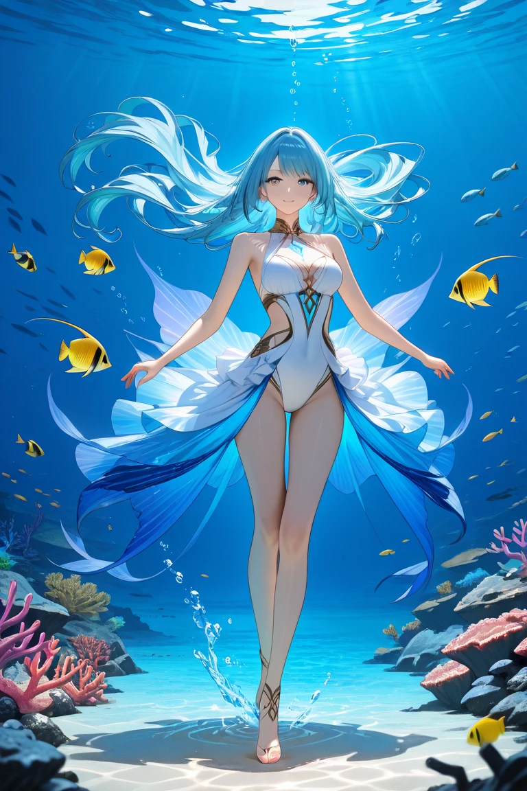 A sea elf-style VTuber character with long ears and blue-green hair.。Her hair is wavy and curly、Small shells and pearls are adorned here and there.。The outfit is designed to resemble the flow of light water.、A transparent cloth is wrapped around the shoulders and waist.。In the background、Transparent water bubbles and coral reefs spread out、Creates a fantastic atmosphere。