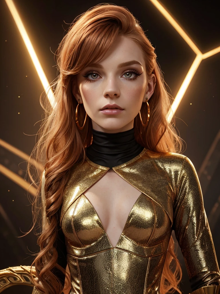 a woman with red hair, hyper-realistic skin, shiny/glossy, modern jewelry, gongbi, portraiture, dark teal and light gold, tropical landscapes, Face portrait photo oF a 21 Year-old German woman, .raw, beautiFul woman, half strawberry lips, strawberry lipstick, Fossettes, big breast, realistic legs, high heels, nostalgic look, detailed light brown eyes, great student, thin eyelashes, (Brown extra long blond hair), ((detailed Face)), ((detailed Facial Features and skin texture)), (Finely detailed skin), light brown skin, (Deep neckline detailing high-tech cyberpunk dress), Cyberpunk big city environment, (cold colors), moist, moist, reFlections, (masterpiece) (height ratio / perfect width) (photo realist) (best quality) (detailed) Shot with Canon EOS R5, ObjectiF 50mm, F/2.8, human development report, (8k) (wallpaper) (light) (Dramatic Light) (sharp focus) (complicated), sharp details, skin detail sharpness,
