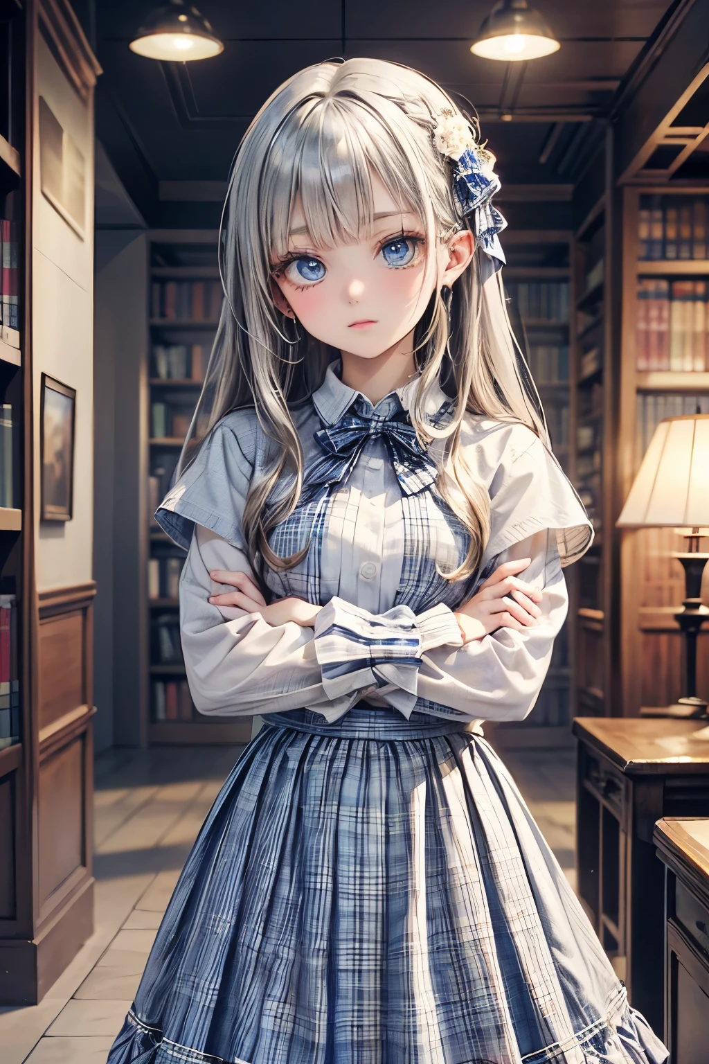 (masterpiece),(Highest quality:1.2),((perfect anatomy)),(( cross your arms around your back)),(1 girl),(flat chest),Highest quality,( Royal Blue White Plaid Long Skirt:1.3),( Sheer White Knit Clothes ),( long silver hair), beautiful detailed blue eyes ,beautiful,In the room at night, DESPERATE Visual Impact , like hugging the sky, In The Library Hallway ,description border depth