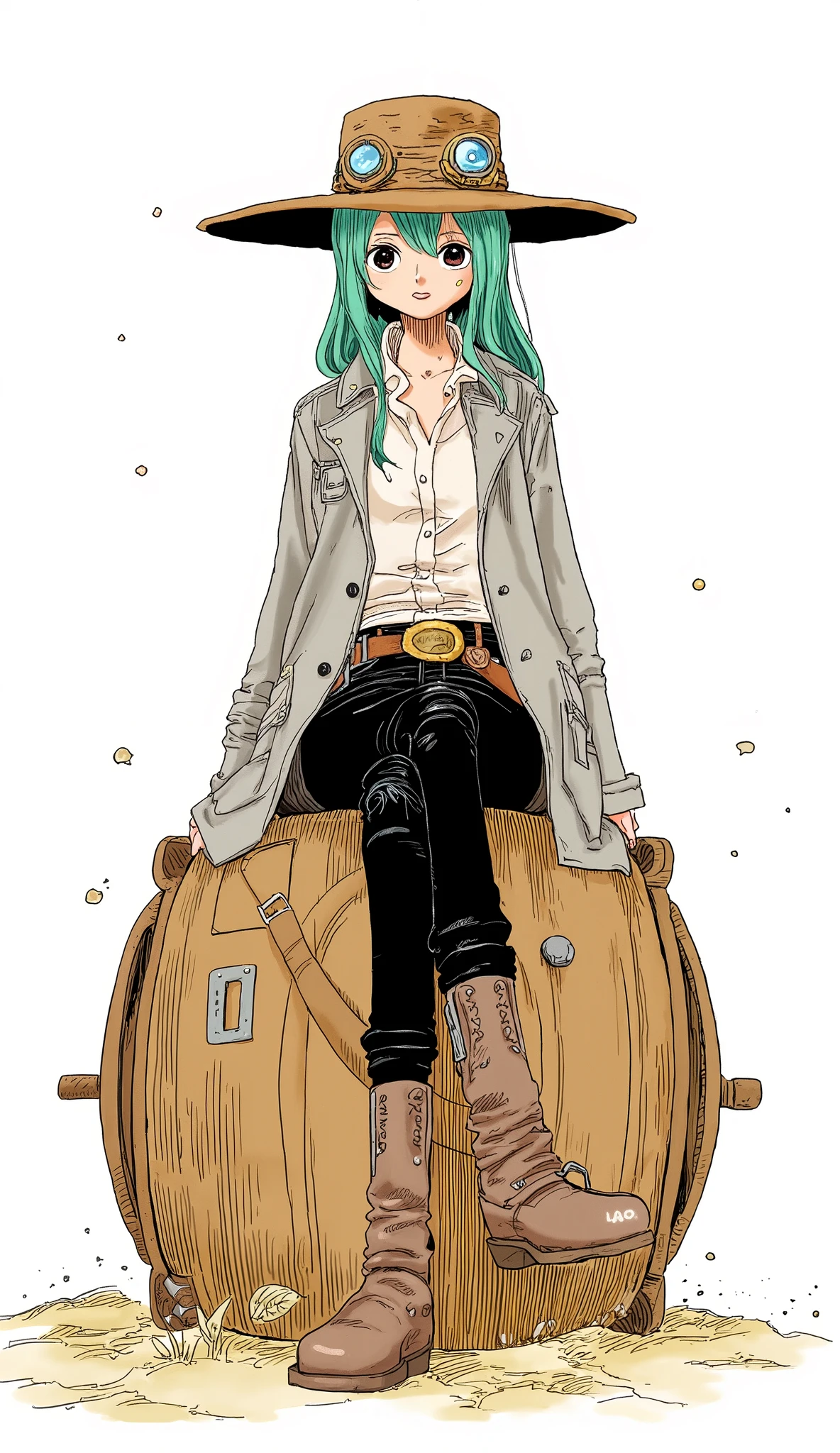 girl、background is stark white、on3pi3c3styl3、ground、pastel collar、Easy-to-read illustrations、 detailed hands、 Details、Perfect piece、high quality、32K、Alone、alone、 perfect eyes、detailed eyes、 beautiful face、high qualityな顔、(full body:1.6)、(Big Breasts:1.4)、cartoon dress character design、(perfect face:1.6)、Beauty、detailed illustration、Fine Lines、 nice smile、shame、Portrait Photography、 cute illustrations、((emerald green)hair、(brown)cowboy hat、rider goggles on the head、(gray) long jacket、(black)jeans、(brown) western boots 、Ancient weapons、Sitting on a barrel)