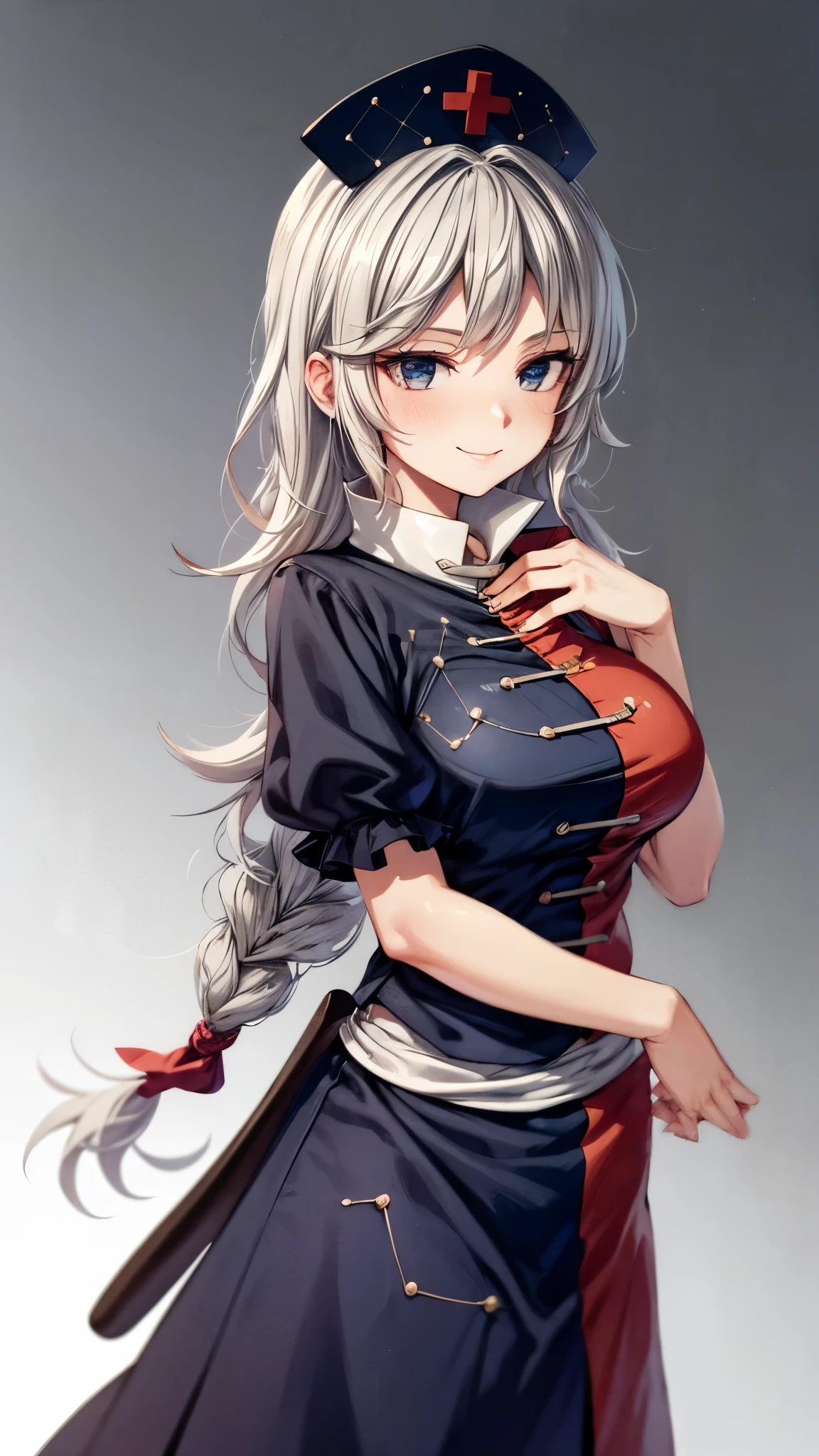 (Ultra High Quality,Ultra High Definition,16k,super masterpiece,Ultra HD , detailed shading and background,) one woman,Long silver hair, braids,smile, nurse cap ,blush,Old medical room,