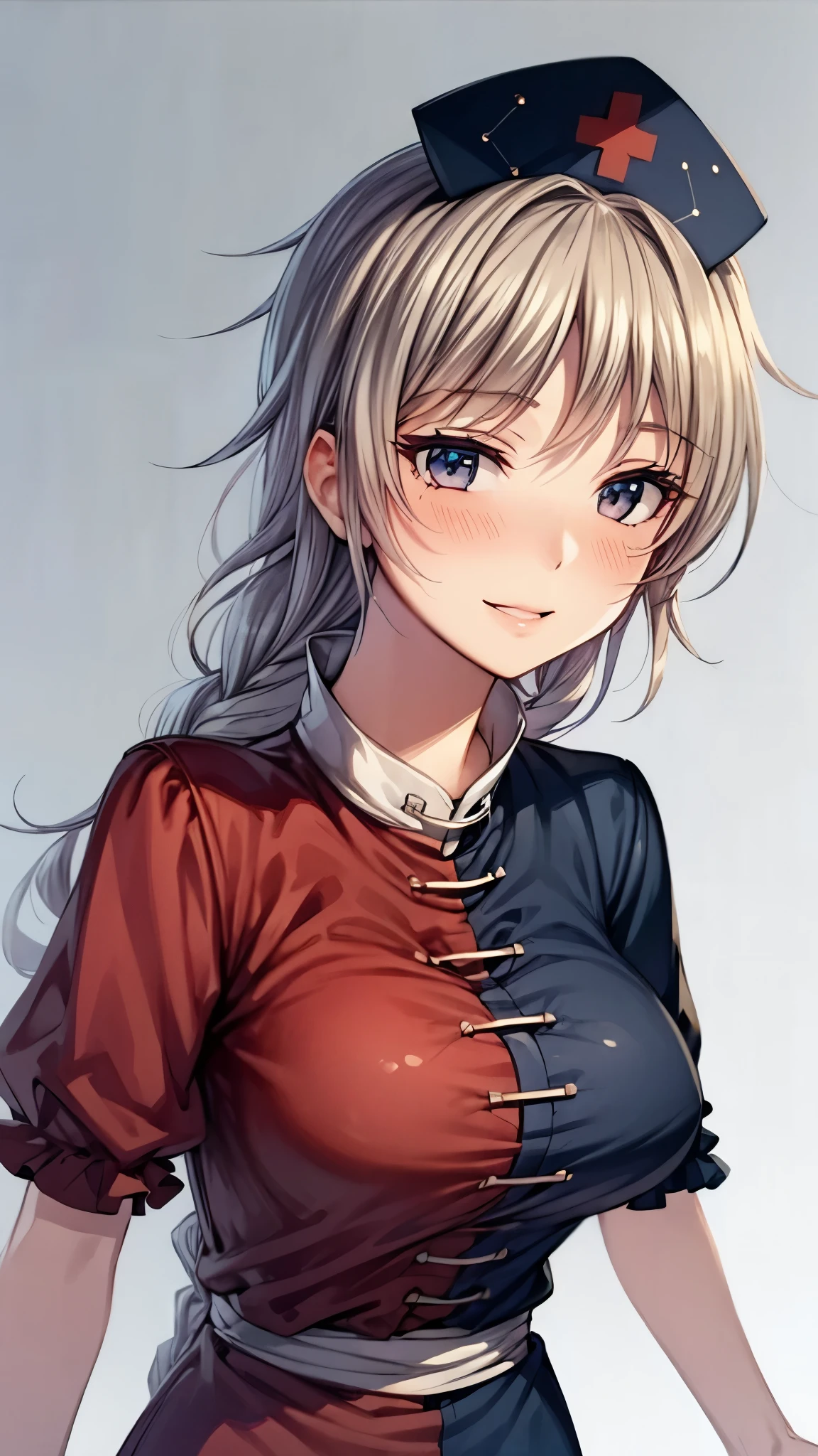 (Ultra High Quality,Ultra High Definition,16k,super masterpiece,Ultra HD , detailed shading and background,) one woman,Long silver hair, braids,smile, nurse cap ,blush,Old medical room,