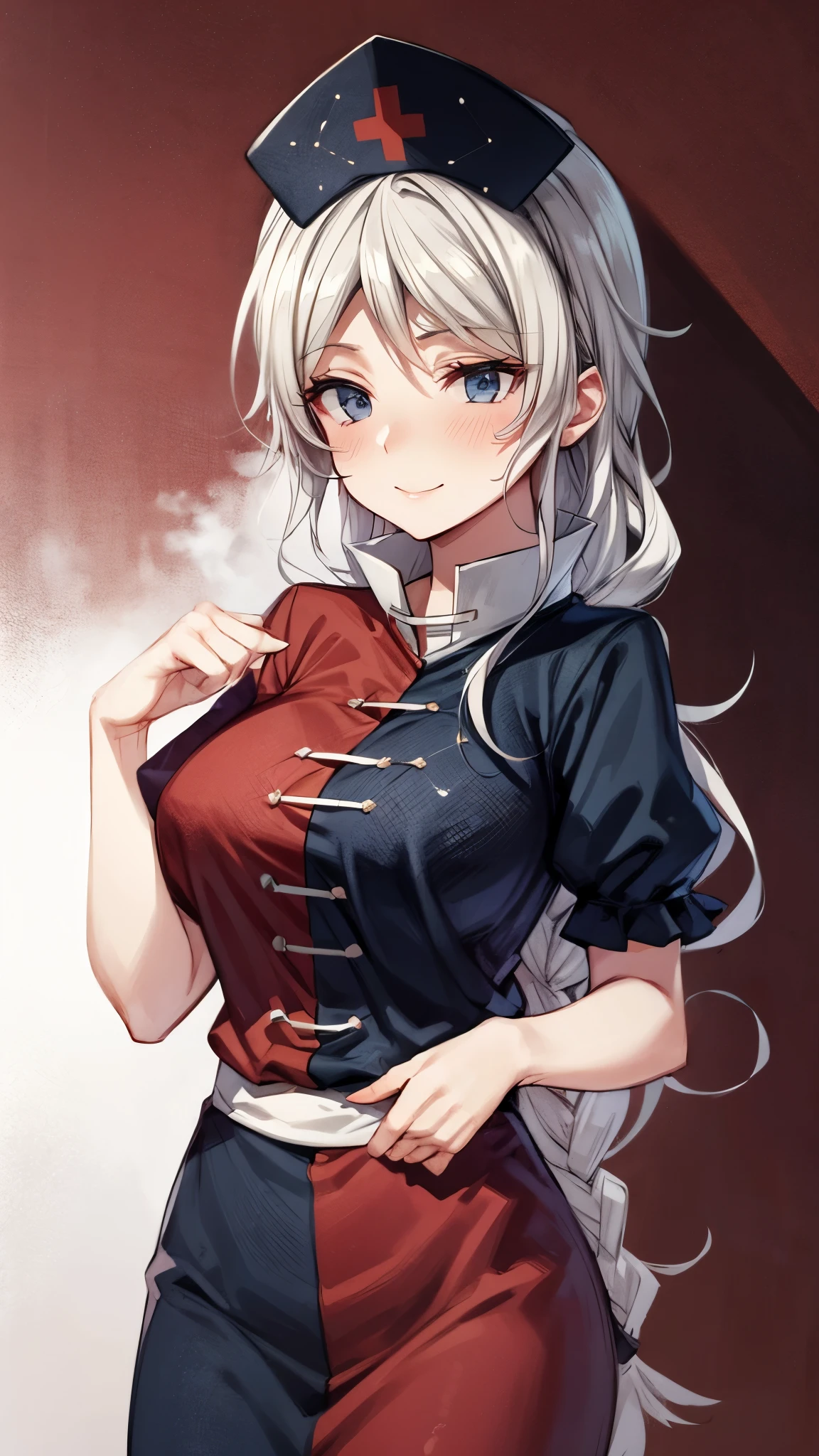 (Ultra High Quality,Ultra High Definition,16k,super masterpiece,Ultra HD , detailed shading and background,) one woman,Long silver hair, braids,smile, nurse cap ,blush,Old medical room,