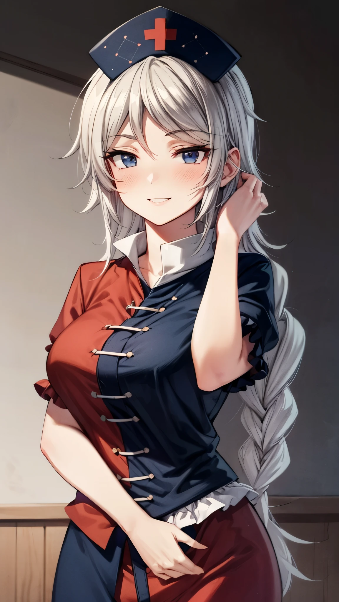 (Ultra High Quality,Ultra High Definition,16k,super masterpiece,Ultra HD , detailed shading and background,) one woman,Long silver hair, braids,smile, nurse cap ,blush,Old medical room,