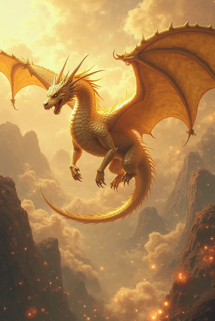 a picture of an golden dragon flying in the sky (best details, Masterpiece, best quality :1.5), dragon_real cloudy skies background, an epic gold dragon (best details, Masterpiece, best quality :1.5) extremely detailed dragon,  horns, breathing flame red fire, dragon_wings, dragon wings wide spread, ultra detailed face,  birds view, sun rays, divine rays, sun rays reflected in clouds (best details, Masterpiece, best quality :1.5), sense of divinity, sense of awe majestic atmosphere, ultra best realistic, best details, best quality, 16k, [ultra detailed], masterpiece, best quality, (extremely detailed), ultra wide shot, photorealism, depth of field, hyper realistic painting,