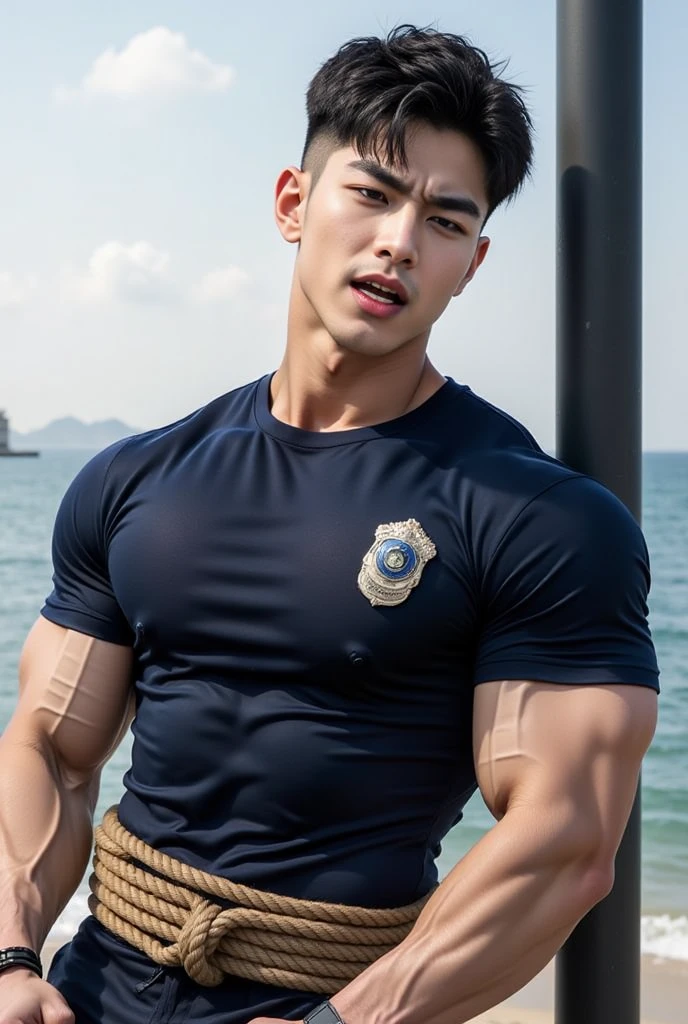 A male police officer in his 20s poses for a group photo....., Wear a white underwear ......................., high resolution, Masterpiece, best quality, head:1.3,((Hasselblad photos)), Smooth and fine skin, clear focus, (movie light), at the beach during the night, gentle light, Dynamic angle, [:(detailed face:1.2):0.2],(((exercise))), sport, His arm muscles were very big.........., hand in crotch.