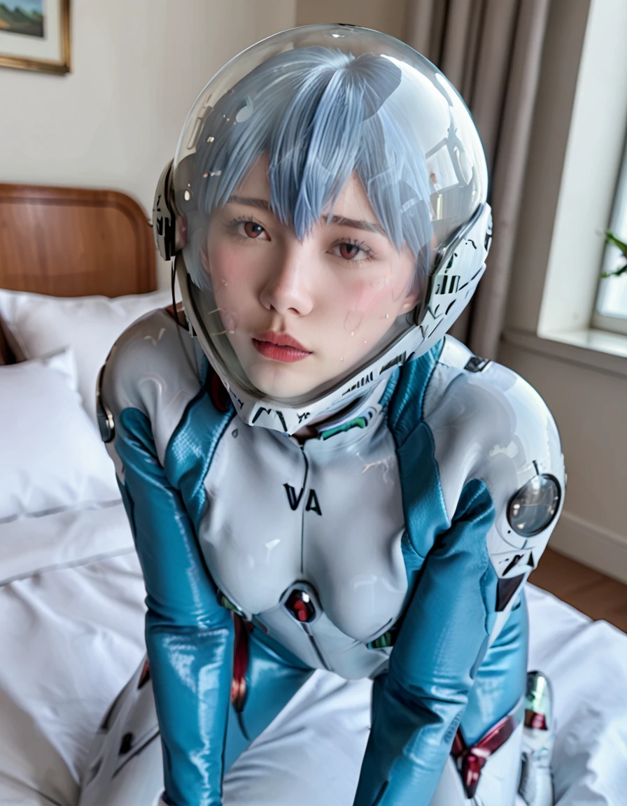 (masterpiece), (best quality), (red eyes), (epiCRealLife), (red lipstick), (cleavage) (j4nu4ryj0n3s cleavage) (young woman), (European Model), (Plugsuit), (ayanami_rei plugsuit), interface headset, white bodysuit),(white gloves) (red eyes), (blue hair), (medium breasts),(flash photography), (natural lights), (ample lights),( light smile), (pose for picture), (white gloves), (light smile),  (lying on the space bed), (space station lobby), (squatting poses), (spaceship cockpit), (galaxy scenery), 