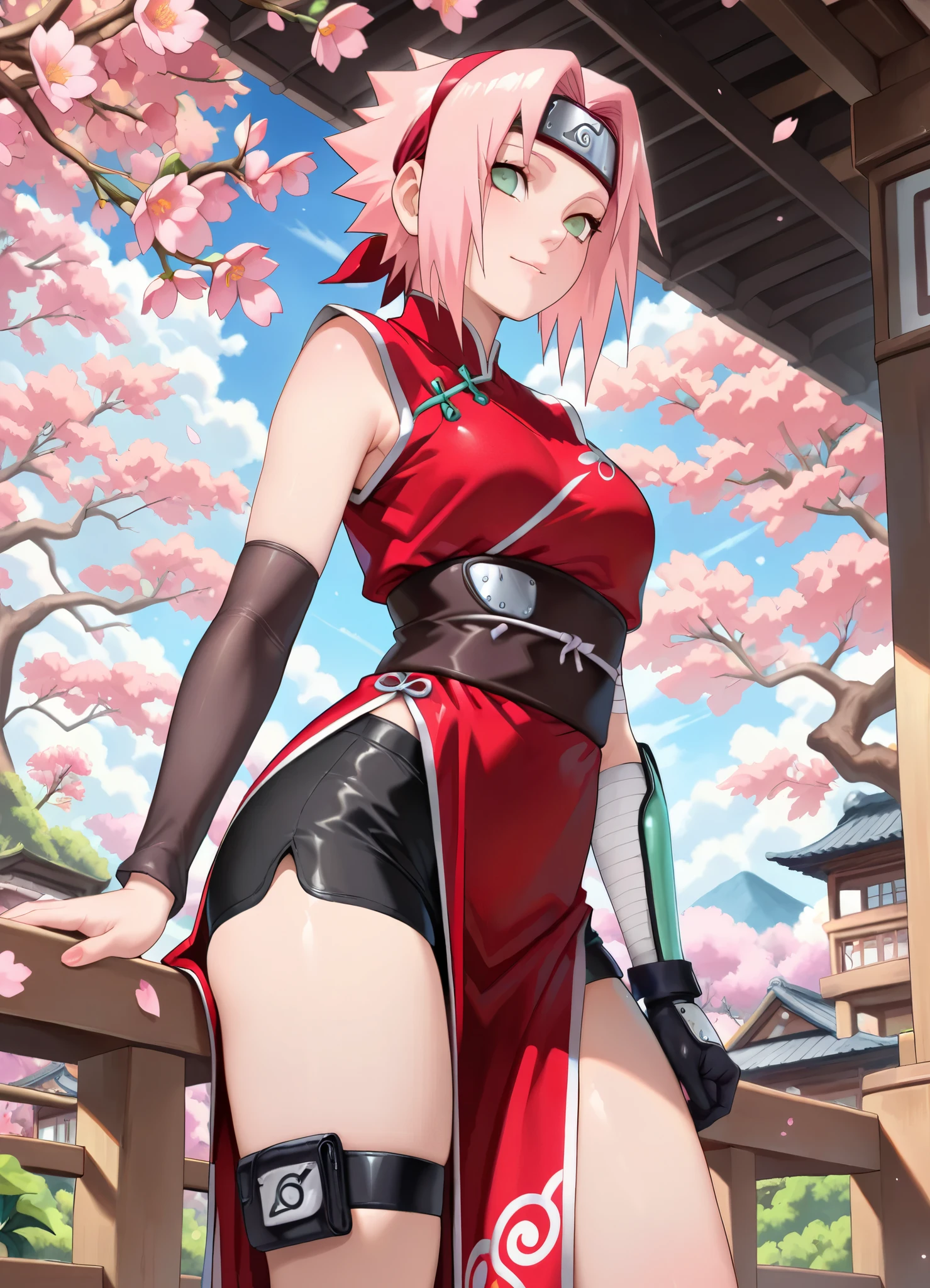 unparalleled masterpiece, ultra realistic 8k CG, perfect artwork, ((perfect female figure)), ultra detailed 8k cg, character \(series\), haruno sakura, red hairband, pink hair, (anime style), ((mature female)), perfect face, beautiful face, very colorful, beautiful green eyes, open mouth, smile, <lora:sakura:0.25>