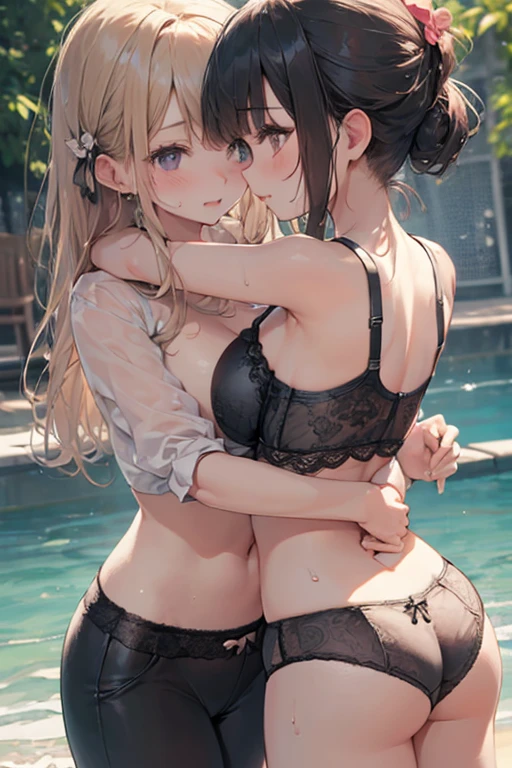 ((Masterpiece, best quality)), smug, 2girls, yuri, seductive pose, hug from behind, kiss, breasts, large breasts, random hair, hair ornament, thighhighs, gloves, bow, navel, bare shoulders, sexy lingerie, simple background, dutch angle,