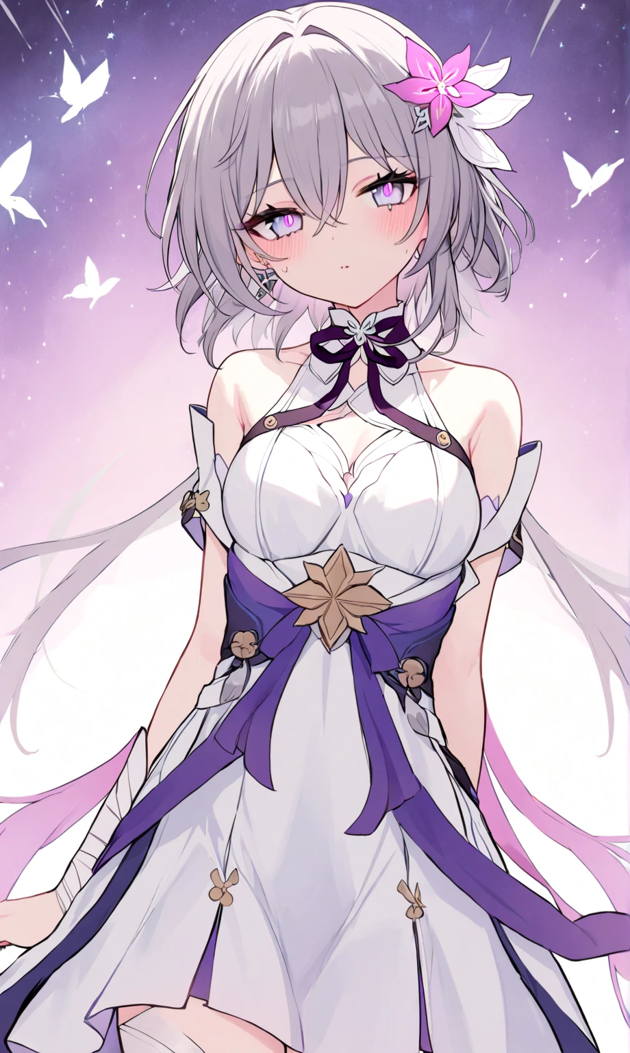 1girl, アニメ, cute girl, blank background, white background, fantasy, detailed fantasy dress with highlights, beautiful face, beautiful eyes, dark colors, black hair with multicolor streaks, red eye with different color pupil in eye, multicolor eye, medium breasts, slight cleavage, beautiful skin, cute, breast curtains, extremely delicate and beautiful, (beautiful detailed face:1.0), (detailed deep eyes), symmetrical breasts, deep eyes, shiny skin, portrait, slender waist, hips wider than shoulders, thighs, expressionless, young girl, luminous eyes, adorable,(Kpop idol),(aegyo sal:1),(Platinum blonde hair:1),((puffy eye)),Black panty,sexy posture,Superskirt, Ultra-high resolution,Black collar,slim figure, Abdominal y tattoo, womb tattoo,Tight-fitting leg ring,y tattoo on half-body,Bare skin, Armored hand,Hidden fingertips,Hand covered,Arm covered,Fist covered,{{beautiful detailed fingers}}, tufts of hair, moderate beautiful breast:1.0,(masterpiece:1.2), best quality, high-res, HDR, perfect face, intricate armor, delicate blue filigree, intricate filigree, red metalic parts, detailed part, dynamic pose, dynamic lights, cute face, neutral expression, shuimobysim, lotus, Hanfu, maxi skirt, dress conservatively 1girl, 独奏, long blue hair, standing, One lady,14years,((White hair) ,(Shiny purple bodysuit with microskirt),((Fantasy, Moon Night)), gradient_eyes,