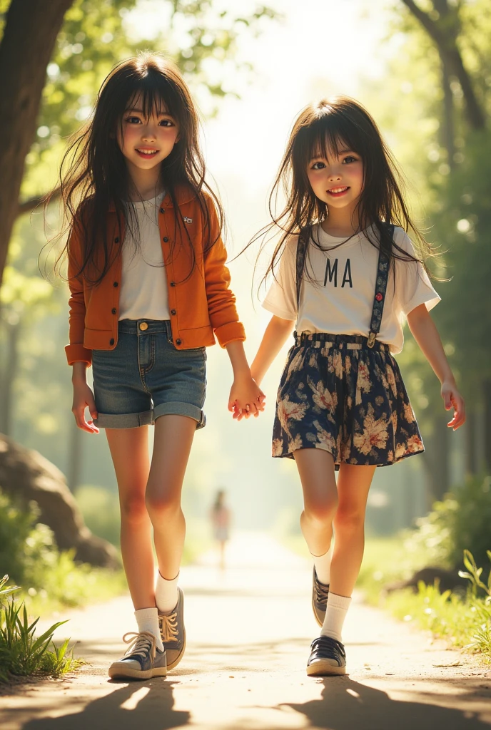 Smiling children dancing with the trees in the forest
