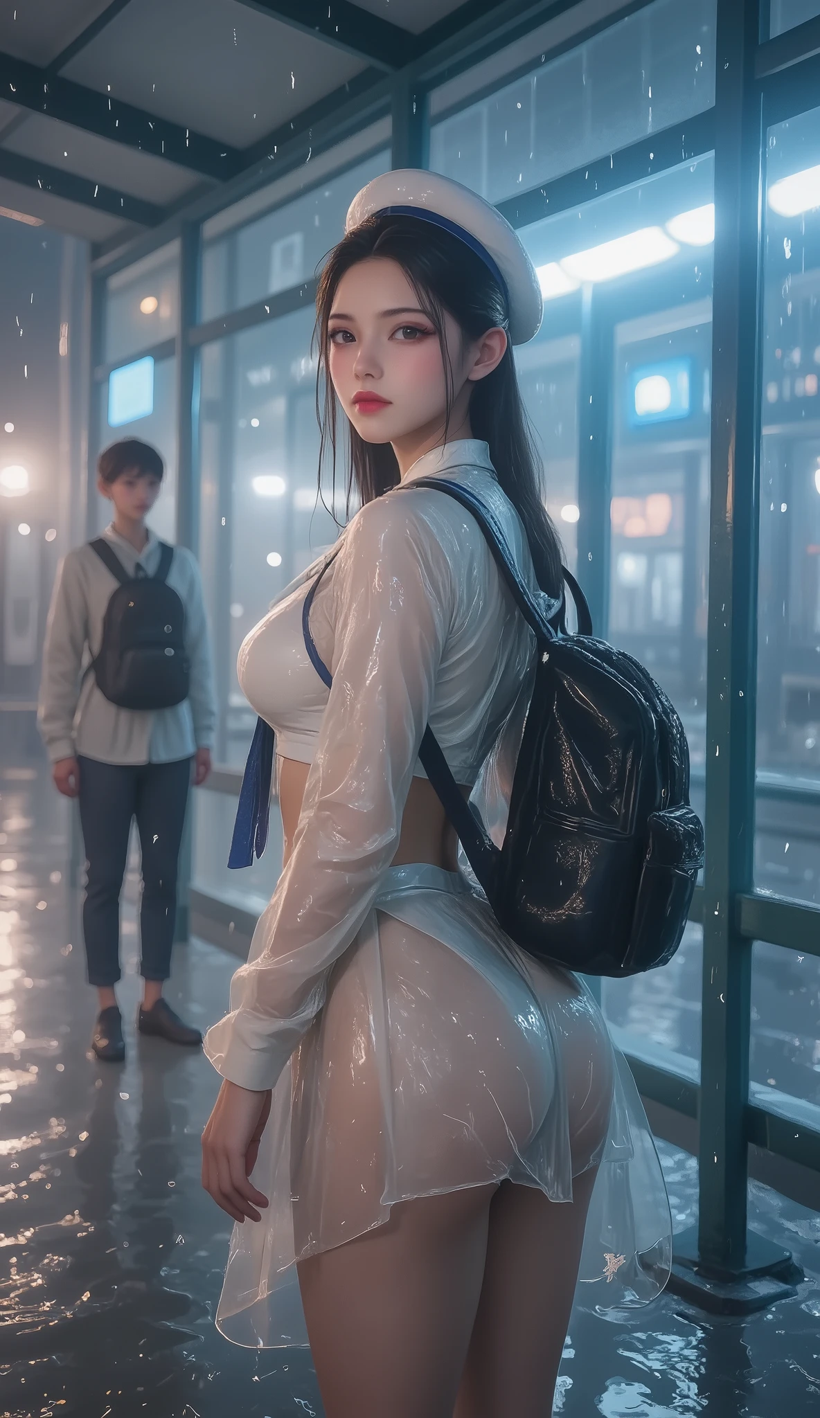 NSFW, TOP QUALITY , HD, 16k, unbelievably ridiculous , very well detailed, 2.5D, Delicate and Dynamic , beautiful woman, attractive smile , busty high school girl , uniform、 sailor suit、、 , backpack, , glitter effect, ((It's raining:1.3))、((My clothes get wet in the rain、and I can see through my underwear:1.7))、 Waiting for the Bus at the Bus Stop , ((Big puddle、Reflected in a puddle:1.8)