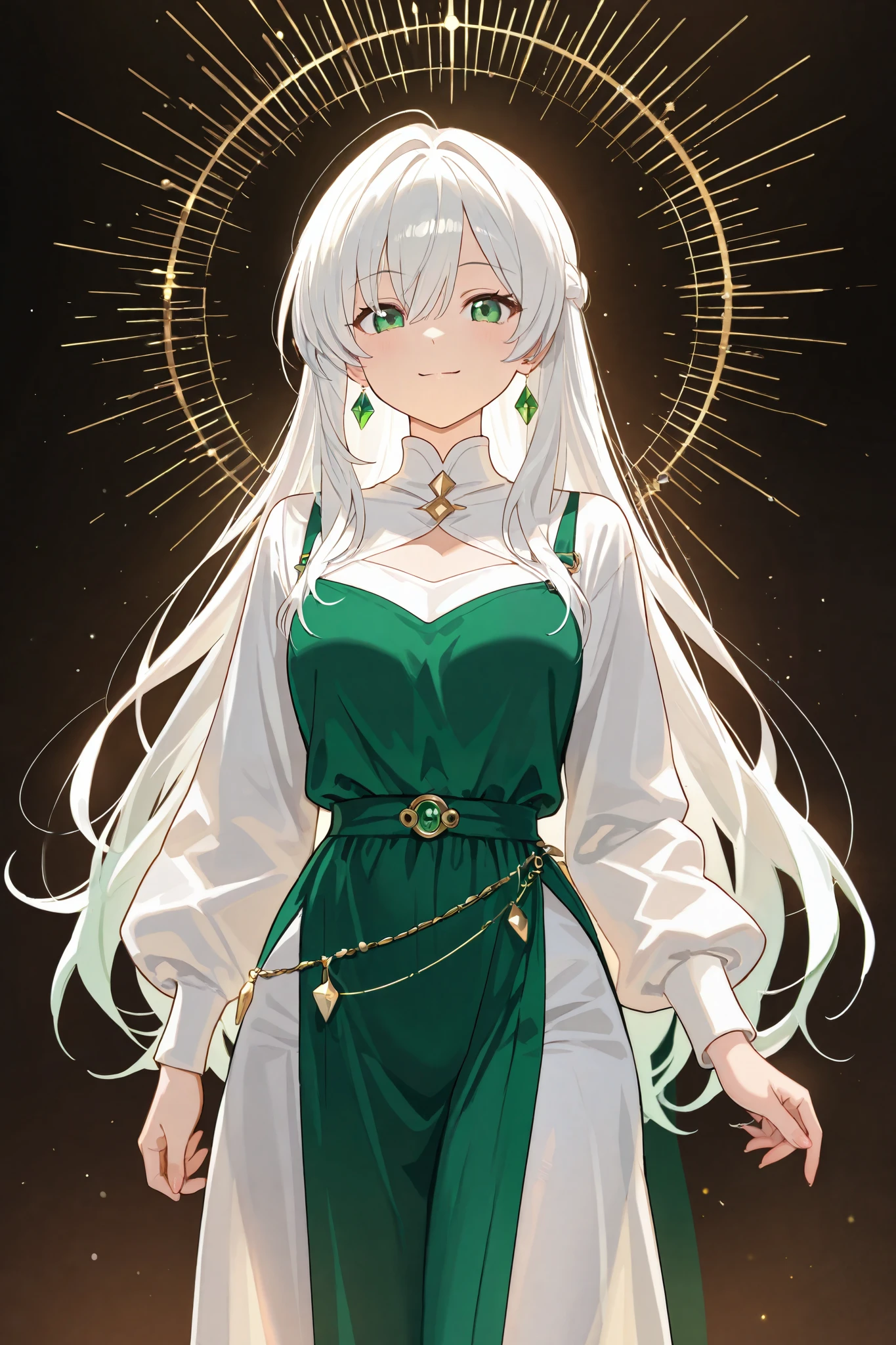 Full Body Standing Picture 、Long white hair、 emerald green eyes 、Beauty、don't wear hair ornaments、 simple clothes