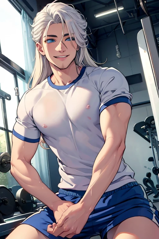 Close up, there is a young man with deer horns that is standing next in locker room, commission for high res, sfw version, bare chest, anthropomorphic, muscular chest, highly detailed full body, (sfw) safe for work, strong and imposing, detailed full body, muscular character, extra detailed body, macho pose, body detailed, (looking form beside), wet body, sweaty, long white hair, Topless, many body hair, huge crotch, white shorts, volleyball player, crossed arms pose, body hair, innocent face, White eyes,