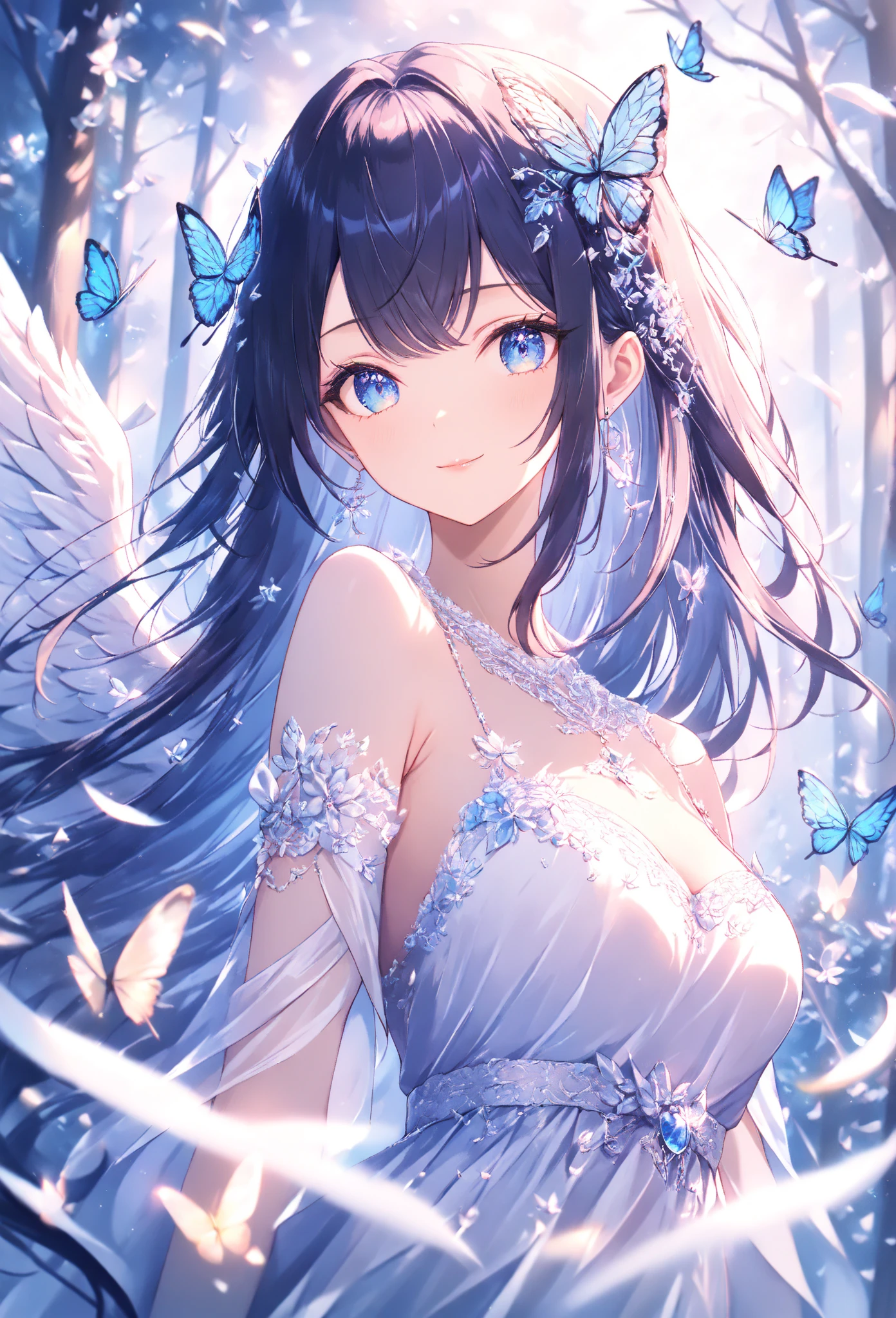 (shylily/(Twich/):1.5),(masterpiece:1.2),(best quality:1.2),, (1girl:1.3),Butterfly,long hair,White Wedding Dress,8k wallpaper,Detailed background,highest resolution,Deep V,hair covering one eye,Strapless wedding dress,Chis,White Rose,Tight,