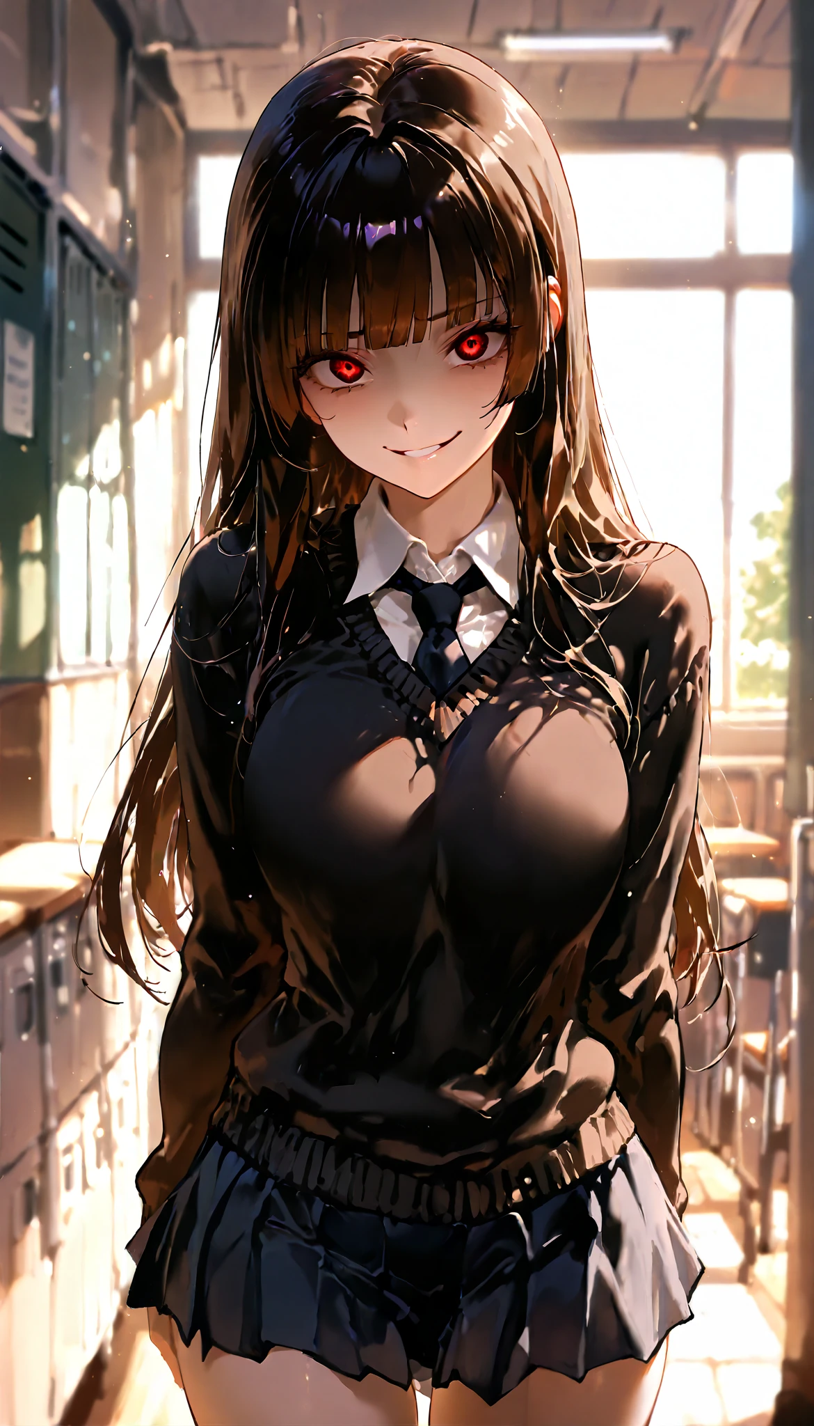 masterpiece, best quality, very aesthetic, absurdres, safe, (masterpiece), best quality, expressive eyes, perfect face, girl in love, dark brown iris, yandere, smirk, crazy eyes, eyes wide open, blunt bangs, black long hair, straight hair, solo, school, miniskirt school black, sweater black, from bottom, upskirt