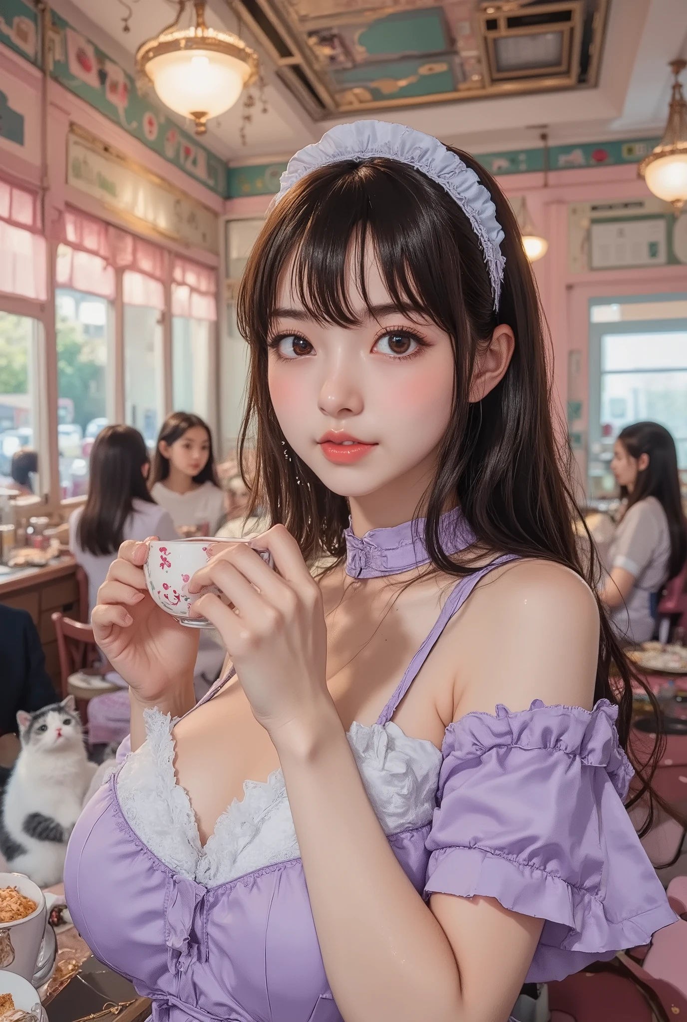 score_9, score_8_up, super realistic depiction, high resolution, masterpiece, highest image quality, high definition, 4K quality, 8K quality, beautiful girl, japanese, twenty years old, sexy maid, (((brown hair))), long hair, white  headband, (((smile shyly:1.8))), stare, long eyelashes, (((big brown eyes))), blush, pink lip, (((light purple and white sexy french maid costume:1.4))), (((have cake and coffee cup:1.4))), (((Pastel colored maid cafe:1.4))), (((Inside the store is lively with female customers))), (((several cats are lying down))), chandelier