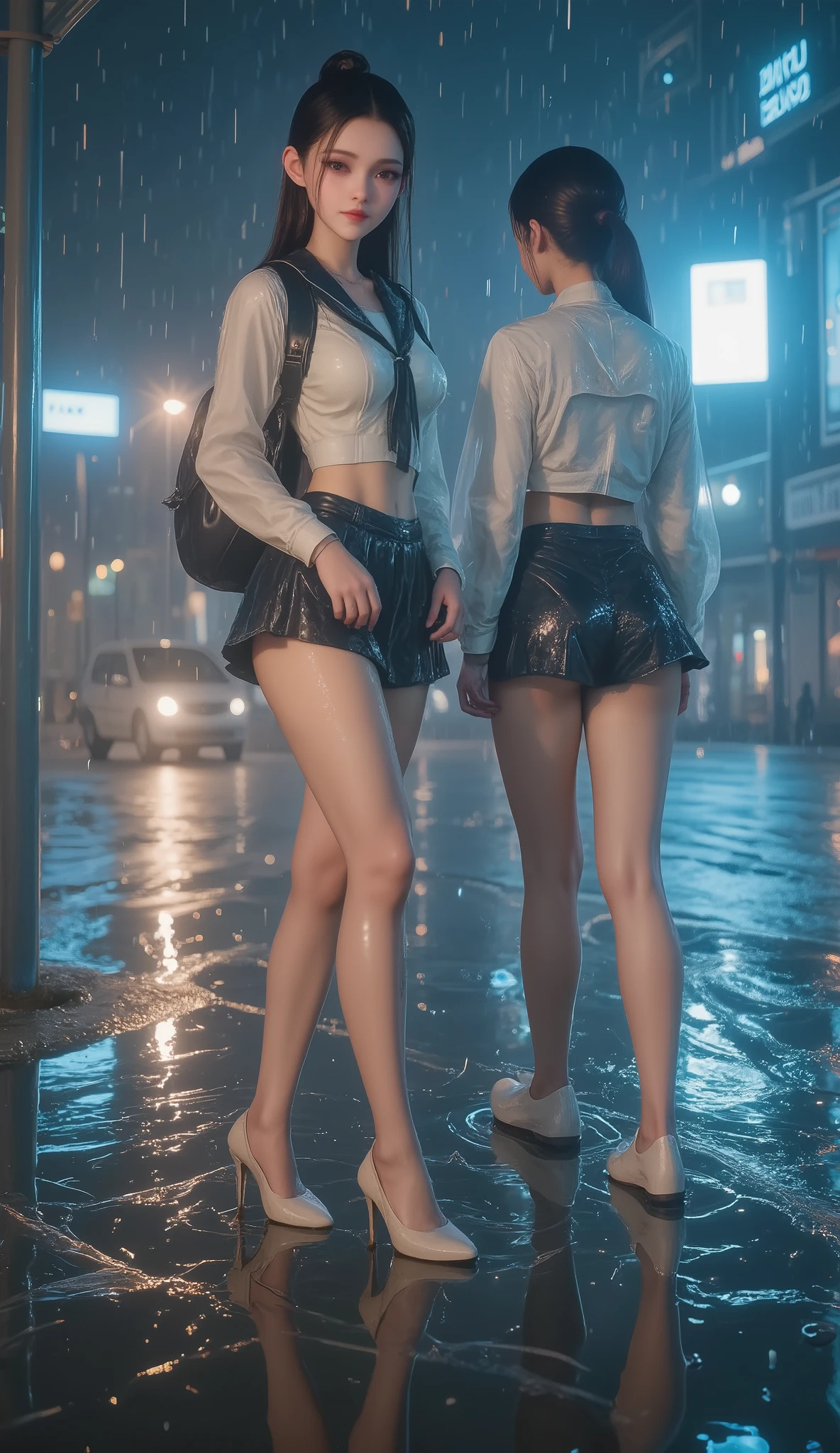 NSFW, TOP QUALITY , HD, 16k, unbelievably ridiculous , very well detailed, 2.5D, Delicate and Dynamic , beautiful woman, attractive smile , busty high school girl , uniform、 sailor suit、、 , backpack, , glitter effect, ((It's raining:1.3))、((My clothes get wet in the rain、and I can see through my underwear:1.7))、 Waiting for the Bus at the Bus Stop , ((Big puddle、Reflected in a puddle:1.8)