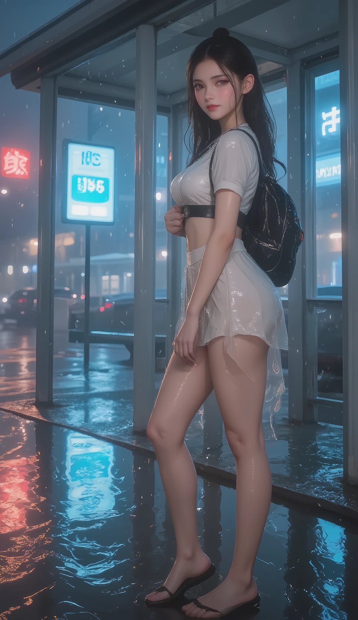 NSFW, TOP QUALITY , HD, 16k, unbelievably ridiculous , very well detailed, 2.5D, Delicate and Dynamic , beautiful woman, attractive smile , busty high school girl , uniform、 sailor suit、、 , backpack, , glitter effect, ((It's raining:1.3))、((My clothes get wet in the rain、and I can see through my underwear:1.7))、 Waiting for the Bus at the Bus Stop , ((Big puddle、Reflected in a puddle:1.8)