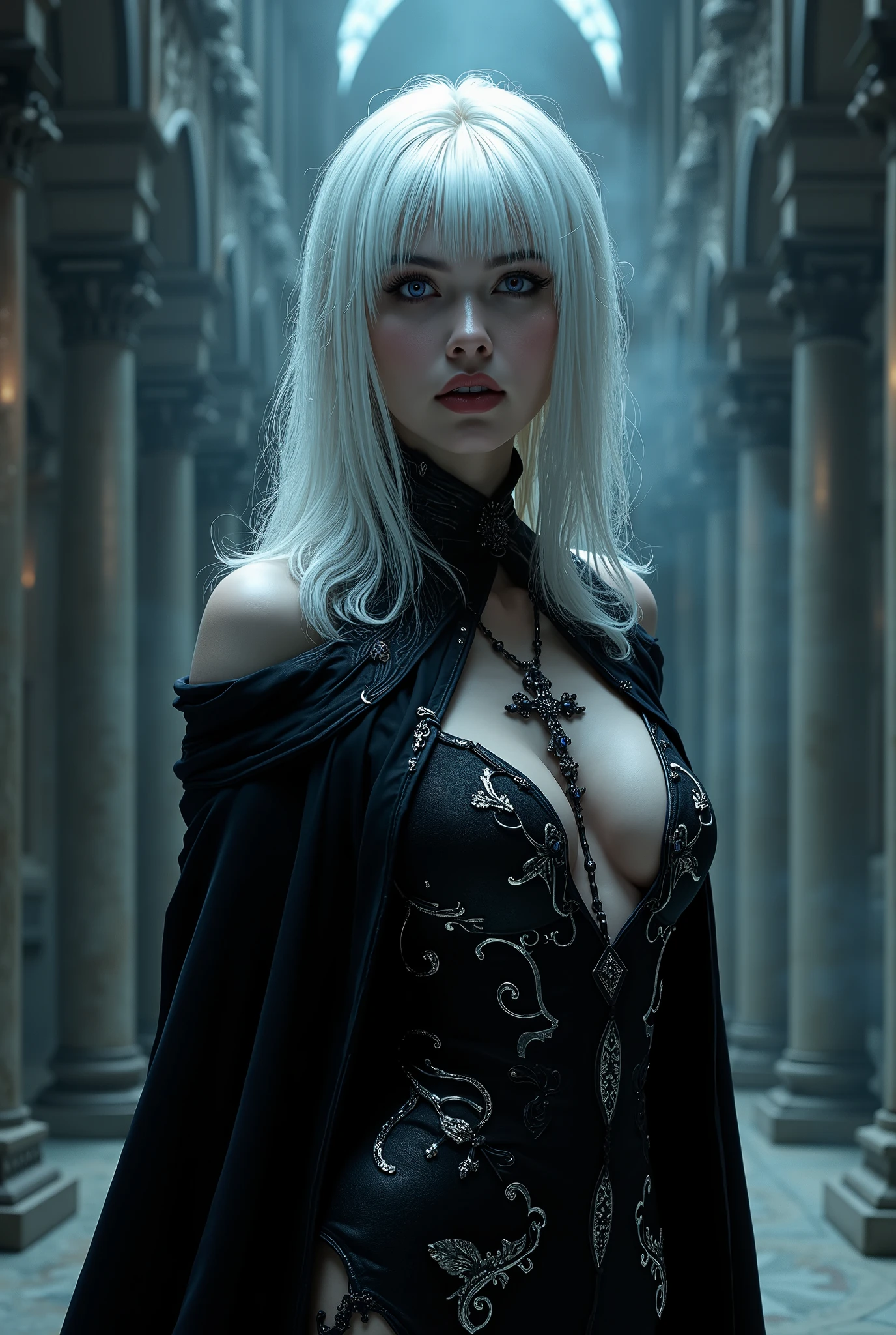 (masterpiece), (extremely intricate:1.3), (realistic), stunning photorealistic portrait of a vampire woman with long blonde stylish hair, porcelain skin, piercing eyes, set in a dimly lit Victorian parlor, bathed in warm candlelight, wearing a dark elaborate Victorian gown adorned with lace and velvet, intricated detailed, cleavage, skindentation, conveying both elegance and an underlying sense of danger, dark theme, gothichorrorai, beautiful symmetrical face, vellus hair, finely detailed features, upper body, big breast, (detailed skin texture:1.3), (blush:0.5), (goosebumps:0.5), subsurface scattering, film grain, depth of field, bokeh, convey her timeless beauty and enigmatic allure through meticulous attention to detail and exquisite lighting, night time, sharp focus, vivid colors,
<lora:LowRA:0.5>
<lora:MarryQ:0.7>
<lora:GothicHorrorAI:0.5>
<lora:add_detail:0.5>
<lora:PerfectFullBreasts-fCV3:0.5>
<lora:epi_noiseoffset2:0.2>
<lora:dpep:0.1>