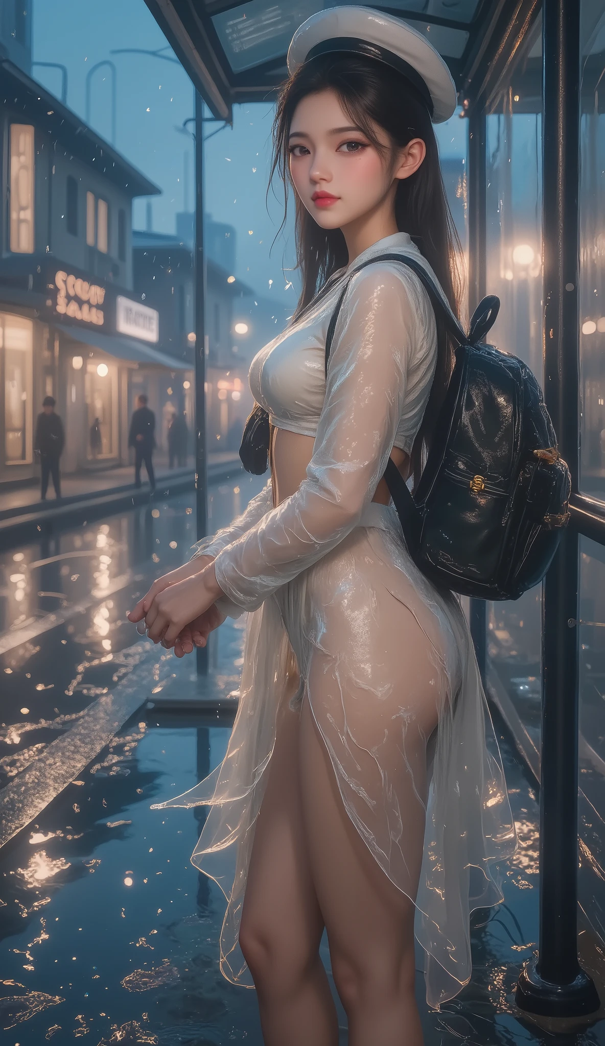 NSFW, TOP QUALITY , HD, 16k,   unbelievably ridiculous ,  very well detailed, 2.5D,   Delicate and Dynamic ,  beautiful woman,   attractive smile ,   busty high school girl , uniform、 sailor suit、、 ,  backpack,  ,  glitter effect, ((It's raining:1.3))、((My clothes get wet in the rain、and I can see through my underwear:1.7))、 Waiting for the Bus at the Bus Stop , ((Big puddle、Reflected in a puddle:1.8)
