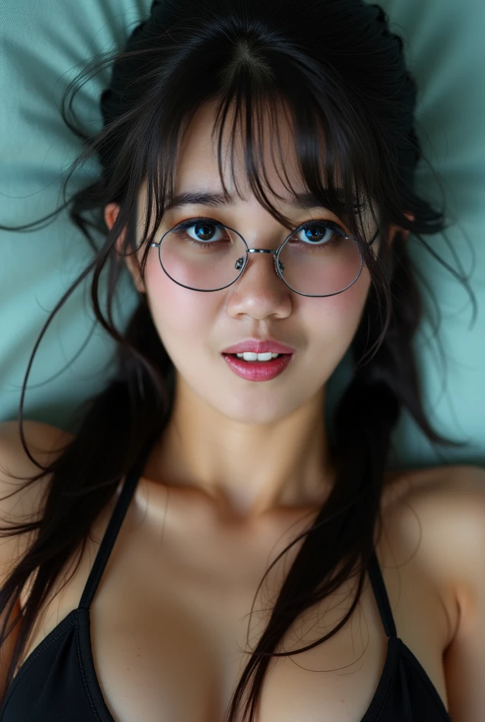 cute 12 year old Asian girl, glasses, slim figure, cute girl, ((Naked:1.8)), photo taken from above, detailed face, beautiful eyes, long eyelashes, cute expression, cozy bedroom, photorealistic, 4k, high quality,ultra-detailed,(realistic,photorealistic,photo-realistic:1.37)