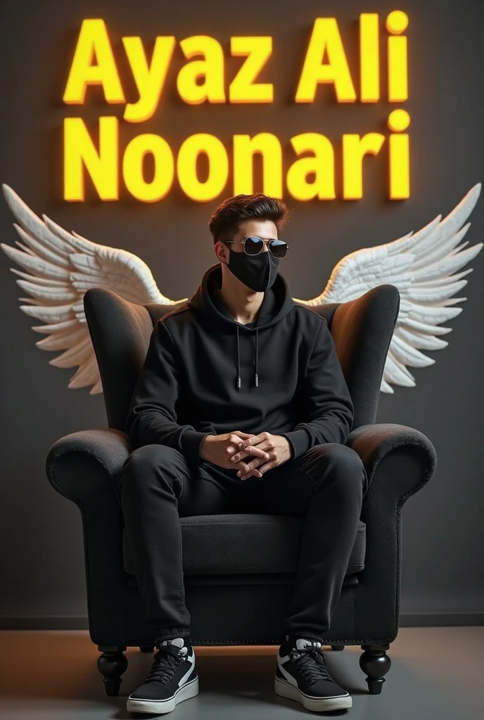 Create a 3D illustration for a profile picture where a 38 year old “Man”,With a long wavy hair, in a black suit, casually on a wings back chair, wearing a black shoe,He looks ahead, the background features “Naathif” in big and capital letters White neon light fronts on the back wall, there should not be his shadow and there are wings to make it appear as if he is angel.