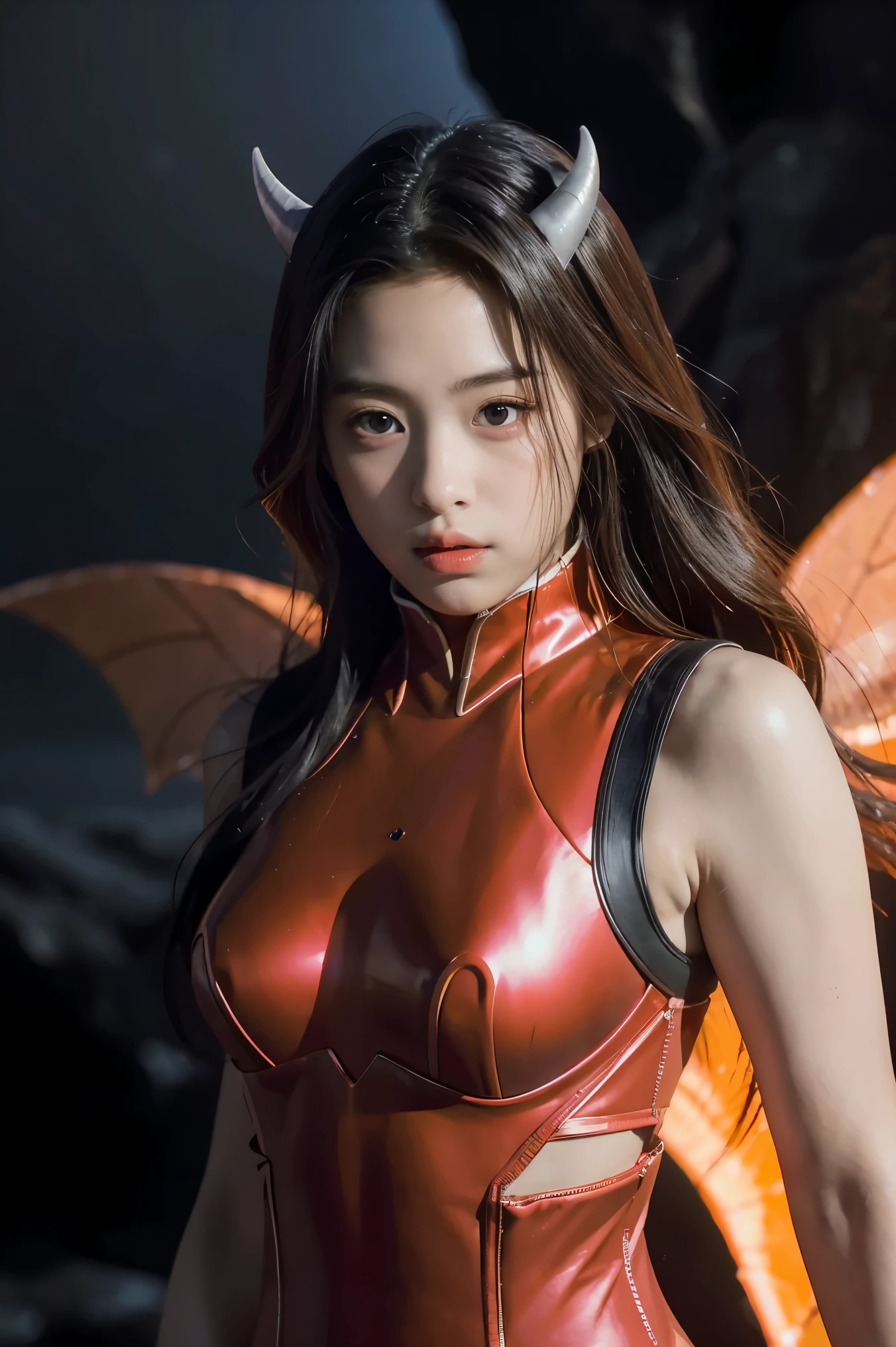 a digital anime-style illustration,JKC,A demon queen in a volcanic lair, clad in a red crystal bodysuit with strategic cutouts, an obsidian crown floating above her horns, her pale skin with glowing veins, magma pools casting an orange glow. Dramatic cinematic composition with intense lighting and shadows, enhancing the ominous and powerful atmosphere.