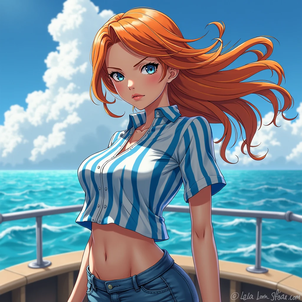 (sexy fashion photo style of [Cathleen McAllister|Ilya Kuvshinov|Loish|Daniela Uhlig|Ross Tran]:1.4),  (cowboy shot, close up, photoshoot, masterpiece, editorial:1.3), solo focus, (cleavage, studio lighting, redhead, medium breasts, babe, skinny, thin, petite young adult European woman:1.25), perfect face, (Amalfi Coast elegance), (luxurious yacht day), Mediterranean seaside glamour, ((nautical-themed ensemble)), crisp white sailor-style pants, navy blue and white striped elegant blouse, (flowing lightweight fabric), gold anchorshaped accessories, (sleek and sophisticated boat shoes), (sunkissed skin), (breezy, effortless chic),