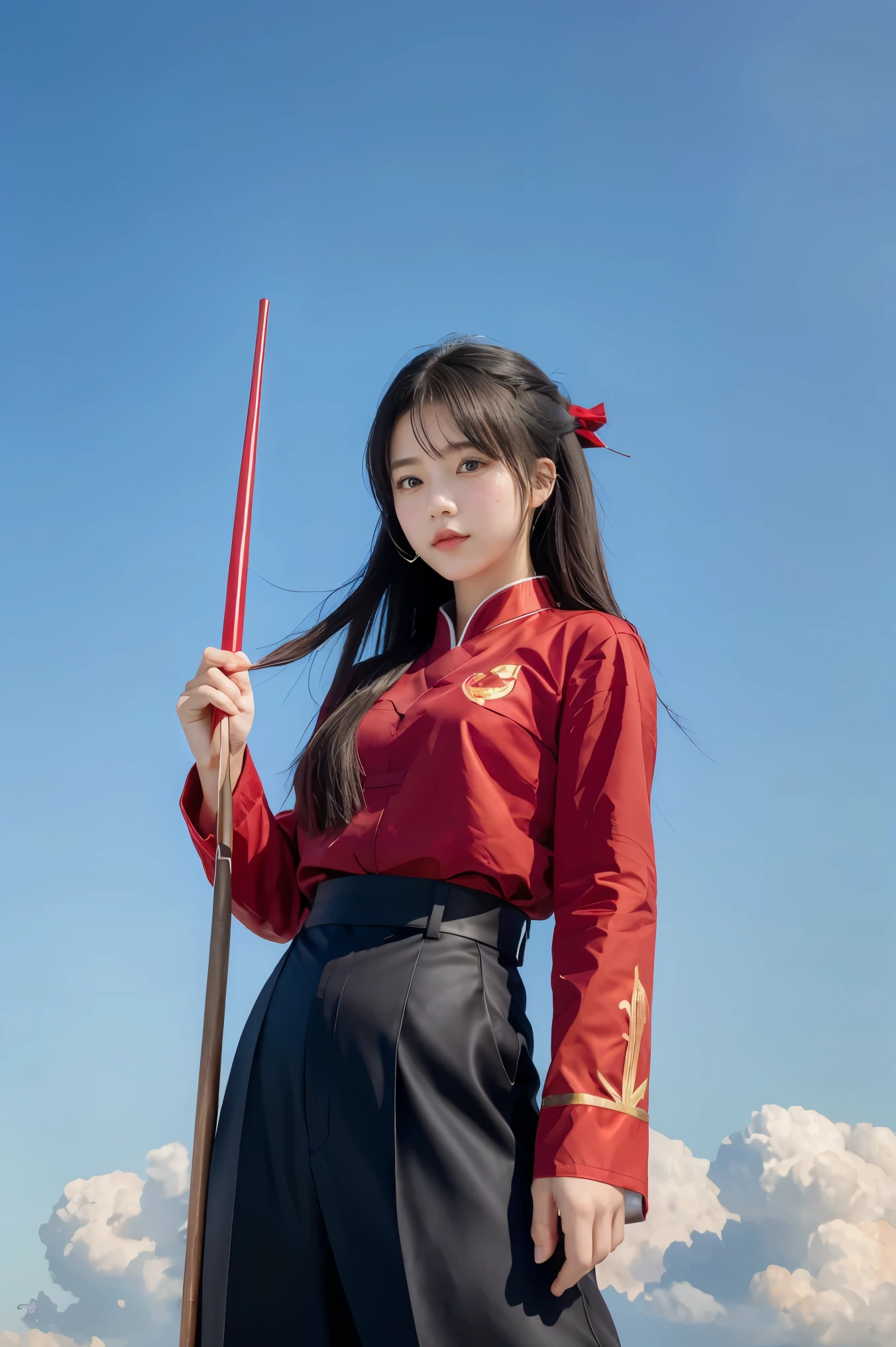 (masterpiece), best quality, expressive eyes, perfect face, 1girl, long black hairstyle, long quarterstaff, Chinese combat outfit which has a red shirt and black pants, standing on the cloud,