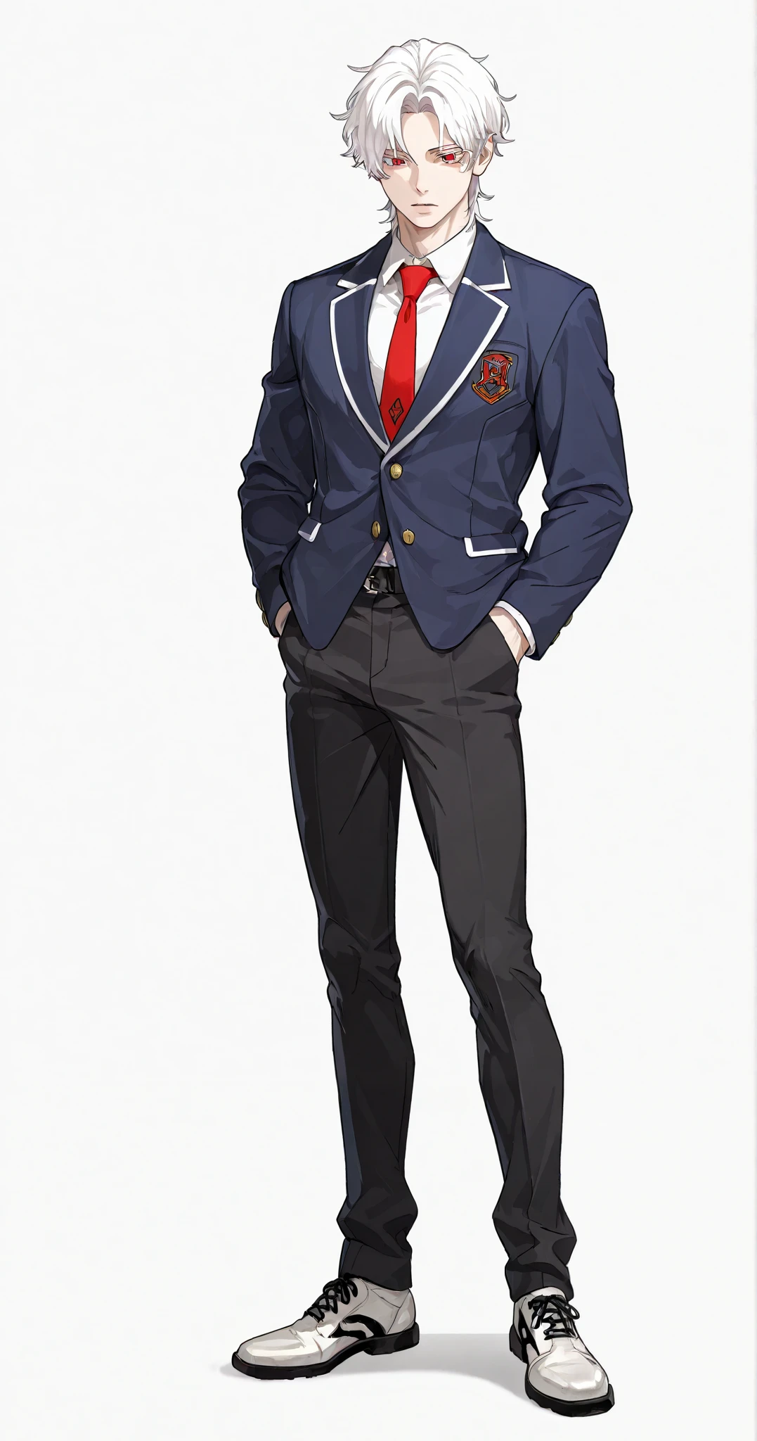 1 boy, fit, handsome, wavy white hair, middle part hair, under cut, short hair, middle part hair, defined red eyes, white eyelashes, light skined, fit body, muscular body, high school uniform, red tie, dark blue jacket, belt, black pants, standing, white leather shoes, hands in pocket, full body, plain white background