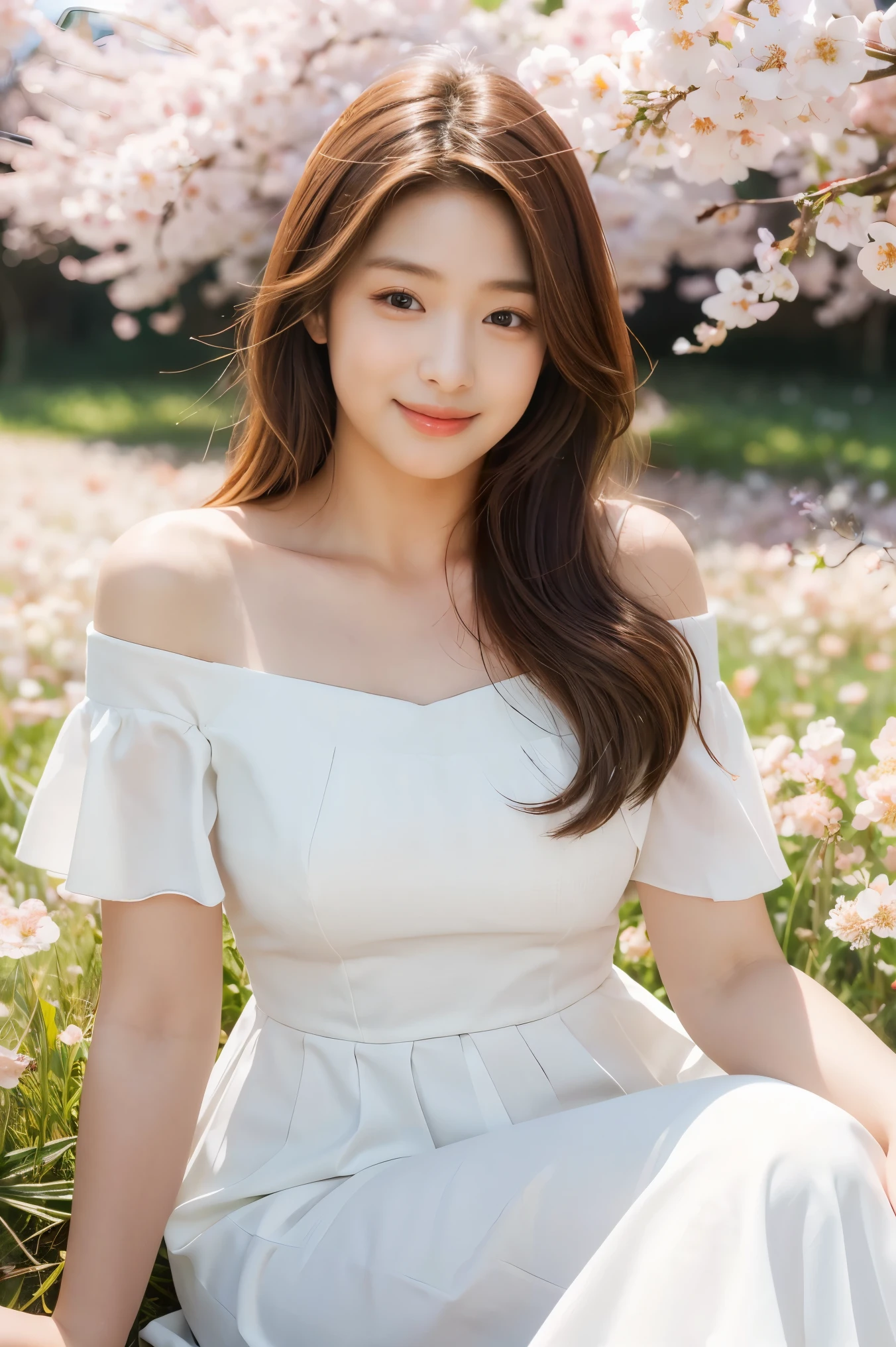 Best quality, masterpiece, ultra high res, (photorealistic:1.4), raw photo, 1girl, white dress, off shoulder, blossom flower field, glowing skin, light smile