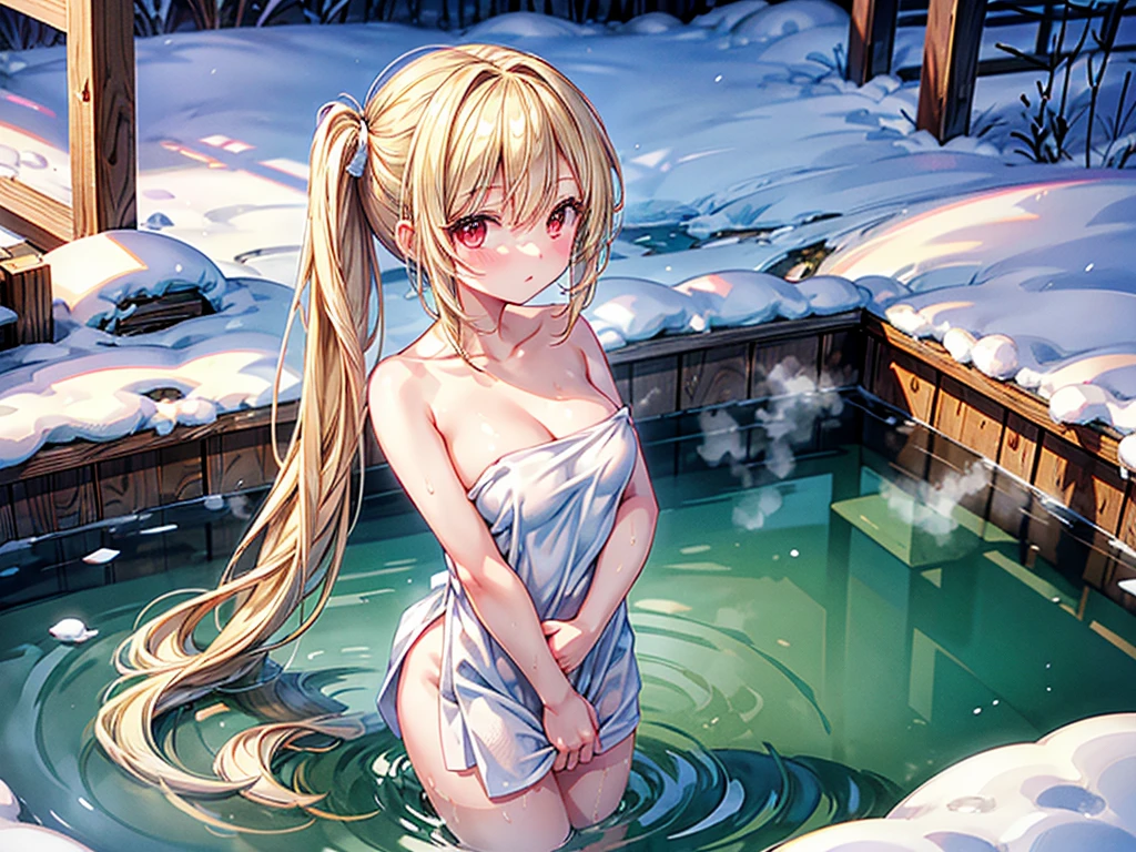 (light golden hair:1.25),(long hair with curls:1.25),(With bangs),(Light orange eyes:1.25),(wet hair in the bath:1.35),(wooden wide々bathtub:1.2),(A bath where you can soak up to your shoulders in hot water:1.4),(outdoor bath:1.4),(Snow is piled up:1.25),(A beautiful night with a full moon and stars:1.5),(wooden yagura:1.3),(White clothes with see-through skin:1.45),(taking a bath and relaxing:1.4),(Wet and shiny skin:1.35),(During bathing:1.4),(Steam charging),(Slight red tide),(Pleasant look:1.35),(close up of face:1.2),(View from slightly behind:1.2),