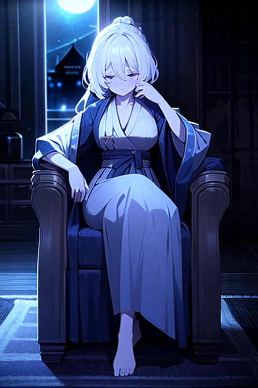A woman wearing a bathrobe and headphones is sitting on a sofa、A beautiful night view behind、big breasts、sexy、Room with a night view、moonlight、exposed、half naked、Downlight、full moon、Stylish room with fireplace、silver hair