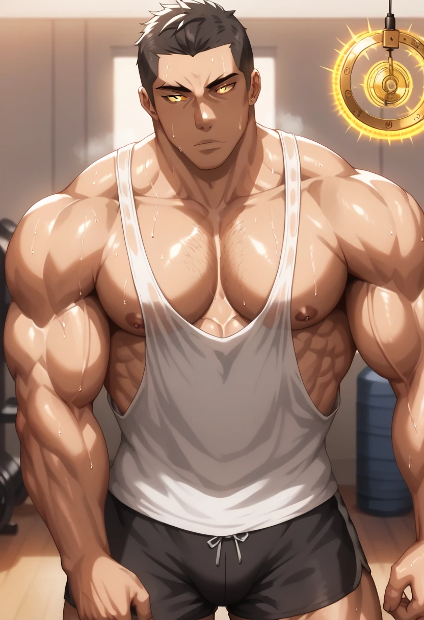 a teenager ( face) adolescente de 15 years (15 years) very attractive boy, standing, whole body. Mexican ethnicity. tanned skin, silver white hair, short hair bangs that fall on both sides of his youthful face. carefree expression, YOUNG man, alone, marked muscles, beautiful musculature, aesthetic stretch marks, inspiring physique, lean muscles, square pecs, beautiful V-cone, excellent abs and torso, chiseled abs, chiseled pecs, perfect massive muscles, inflated muscles, voluminous pectorals, massive muscular body, a huge gigantic chest with a narrow waist, huge shoulders, Ridiculously well-formed large pecs, eight chiseled abs, (very toned and huge) with his military haircut and voluminous neck, narrow waist, gold eyes, YOUNG face, beautiful, YOUNG. Teen muscular YOUNG bodybuilder with extraordinary and firm back, chiseled muscles, rhomboid muscles, the wider back. GigaChad. he wears a Vegeta training suit. A tight jumpsuit from the neck to the ankles., black, the suit has no sleeves, does not wear a belt. The black shirt and pants are a single garment., The shirt has a U neck, It is sleeveless and highlights his prominent abs and pectorals.. He doesn't have a belt. His muscles stand out. He wears white gloves on his hands.., and white boots. Ruins of a Jedi temple with forest background. standing, whole body. (((Back))) huge, muscular and firm thighs, round buttocks and round butt with back, huge ass ((firm buttocks)) with big booty. (((black clothes)))