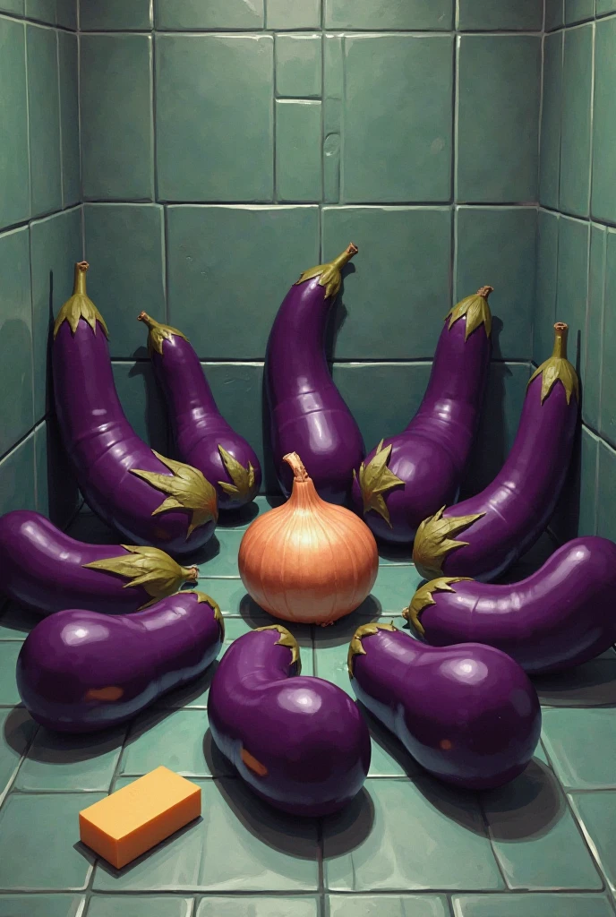 by meesh, by darkgem, 1girl, solo, susie, (large breasts:1.3), dark nipples, (nude:1.6), muscular, chunky, buff, bodybuilder, blush, steam, smiling, (minigirl:1.3), (she is a miniature:1.2), miniature, in food, in bowl, barefoot, soup, ramen, noodles, egg, shrimp tempura, partially submerged, reclining, looking up at viewer, giant props, buffet,