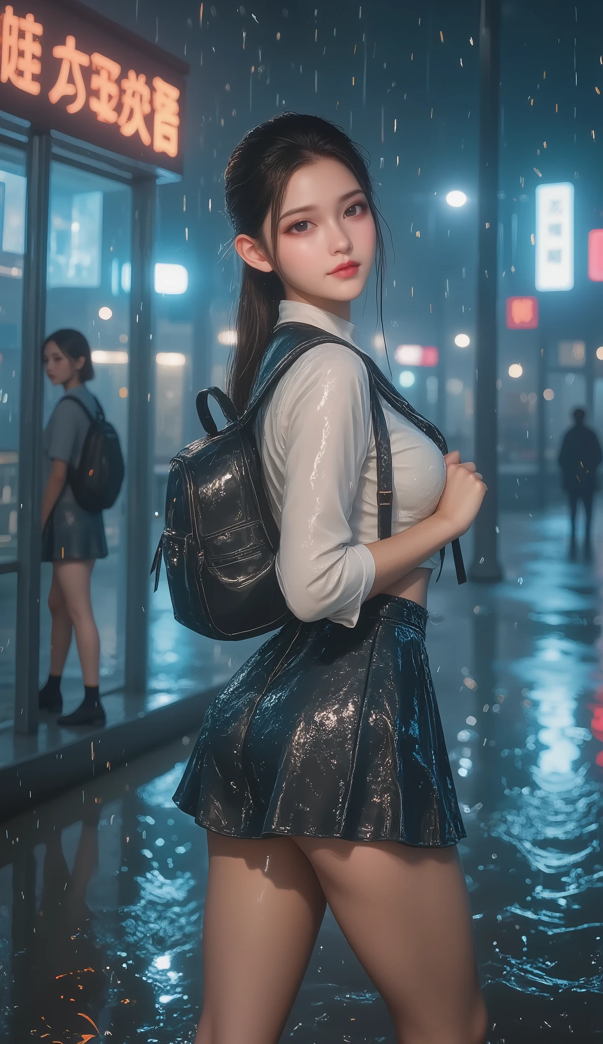 NSFW, TOP QUALITY , HD, 16k, unbelievably ridiculous , very well detailed, 2.5D, Delicate and Dynamic , beautiful woman, attractive smile , busty high school girl , uniform、 sailor suit、、 , backpack, , glitter effect, ((It's raining:1.3))、((My clothes get wet in the rain、and I can see through my underwear:1.7))、 Waiting for the Bus at the Bus Stop , ((Big puddle、Reflected in a puddle:1.8)