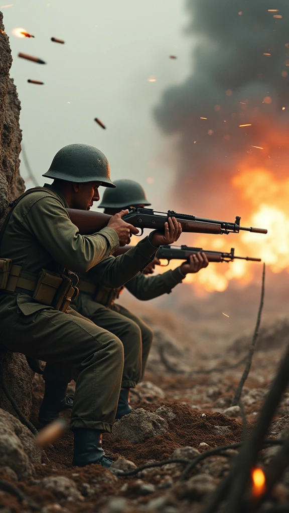 A tense moment from World War II, depicting a dramatic clash between Indonesian and Japanese forces. The scene captures the chaos of battle with meticulously detailed soldiers in historically accurate uniforms. Employing a mix of medium shots and panoramic views, the camera lenses (such as EE 70mm and 35mm) bring out the intensity of the confrontation. The atmosphere is captured in high resolution, showcasing the minutiae of weapons, uniforms, and expressions. The setting features a war-ravaged landscape with urban structures and natural elements, all rendered with photorealistic precision. The chosen rendering technique, possibly Octane render or Unreal Engine 5, emphasizes the historic authenticity while maintaining artistic composition. The result should be a powerful image with HDR lighting, creating a visual narrative that immerses viewers in the pivotal moment of Indonesia's conflict with Japan.