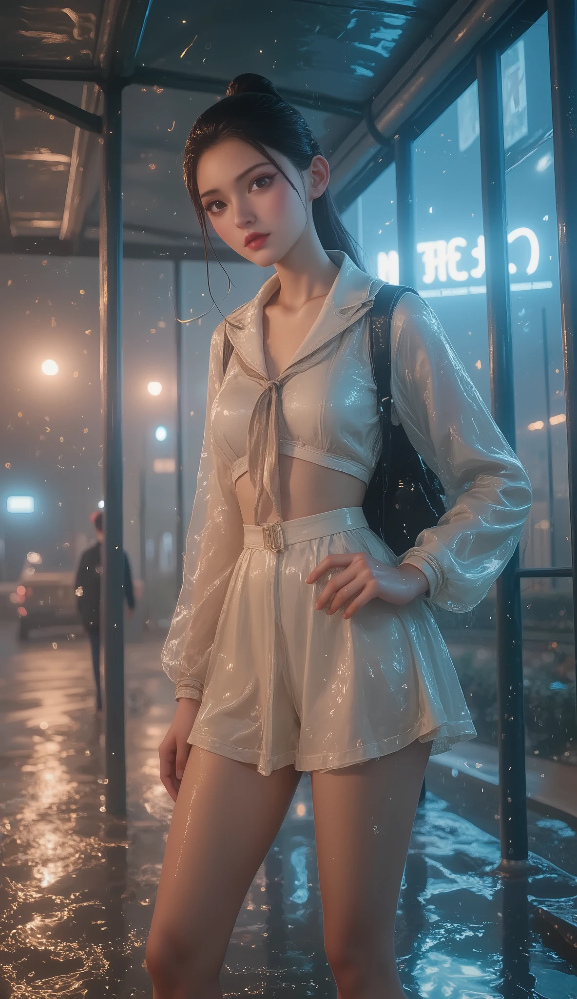 NSFW, TOP QUALITY , HD, 16k, unbelievably ridiculous , very well detailed, 2.5D, Delicate and Dynamic , beautiful woman, attractive smile , busty high school girl , uniform、 sailor suit、、 , backpack, , glitter effect, ((It's raining:1.3))、((My clothes get wet in the rain、and I can see through my underwear:1.7))、 Waiting for the Bus at the Bus Stop , ((Big puddle、Reflected in a puddle:1.8)