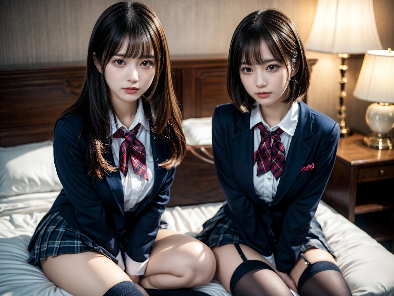 (8K, Raw photography, top-quality, masterpiece:1.2), master piece, best quality, illustration, Super detailed, fine details, High resolution, 8K,wall paper, perfect dynamic composition,(Details High quality, realistic depiction of eyes:1.3), ((2 girls, 2 schoolgirls)), The background is a luxury hotel room、High school girl uniform、blazer 、Super Short Check Uniform Skirt、Navy blue high socks、garterbelts、Colossal tits、Disturbed uniform, Play with each other,Touching each other's bodies,Touching the body of the girl next door, short bob hair, black hair color, huge breasts, Big Natural Color Lip, bold sexy pose, (perfect body shape), crying a little、cold gaze, Beautiful makeup,glitter makeup,Cutest 18 years old, beautiful legs, hposing Gravure Idol, Voluptuous thighs
