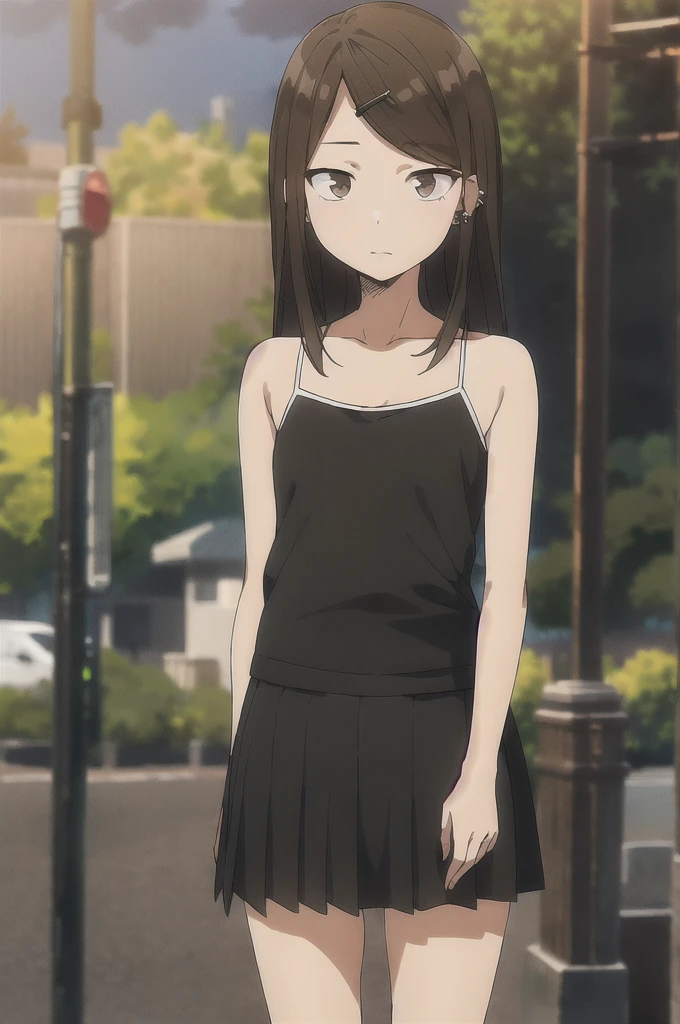 (masterpiece, Highest quality), Highest quality, photographic background, Amazing details, Line art, Written boundary depth, Flat Shading, yoshinari yoh, 1girl, solo, ((iwakura lain)), (iwakura lain stands on abandoned american street at night), black dress, highheels, Expressive eyes, Perfect Face, (skinny, flat chest, small breast), open mouth, (round stool), Art Nouveau, Bokeh, (((Anatomically correct))), grin