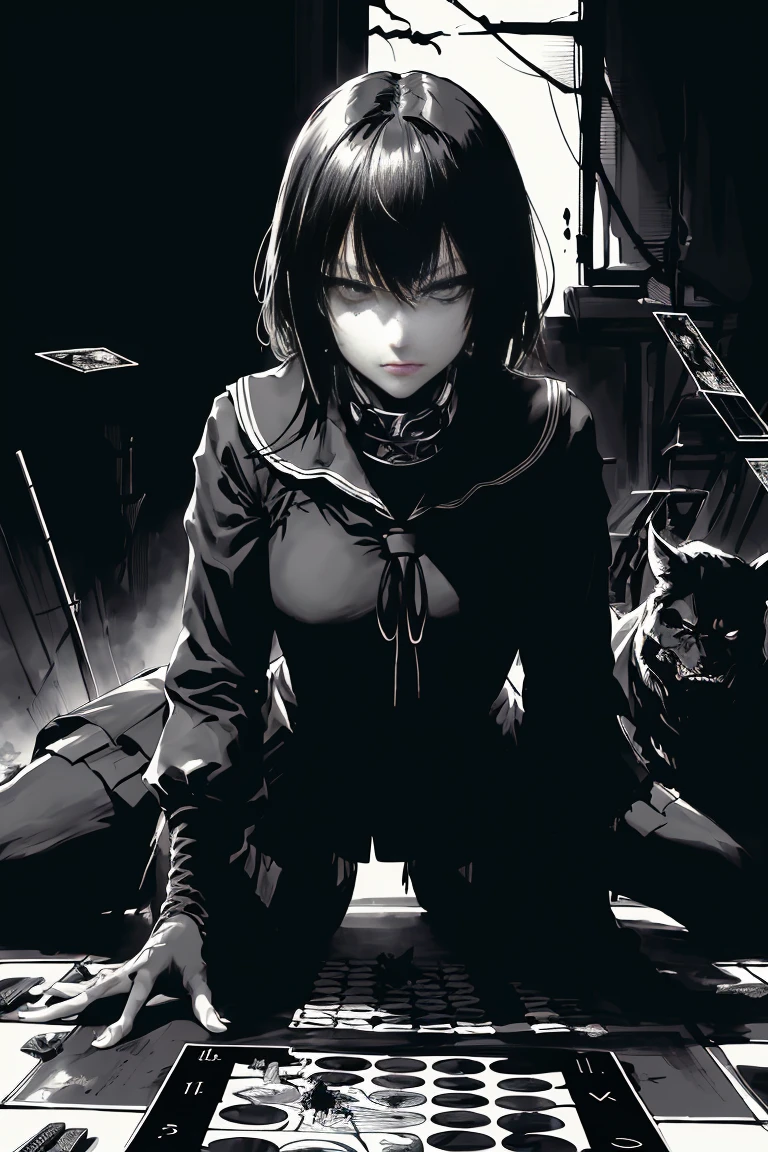 、v5lcn style,Ink Art,(highest quality,Tabletop:1.2),(Black and white comic core:1.1),(extremely high contrast),Dark ink,One Girl,Shadow on face、8K,solve,high school girl,Sailor Suit,