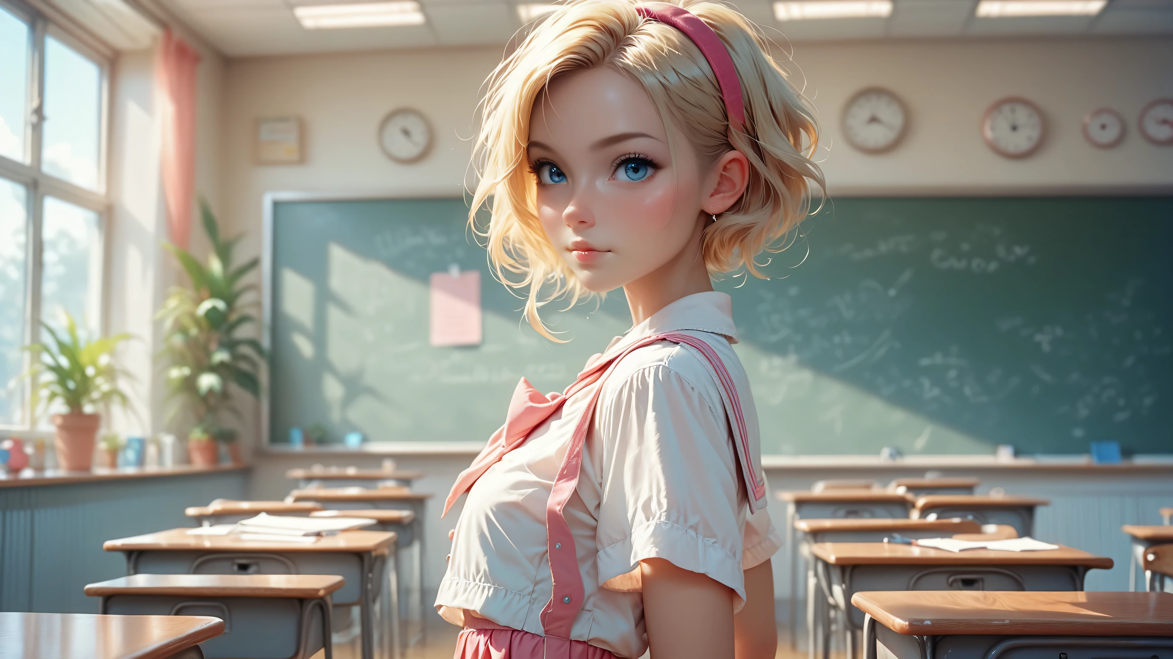 1girl, solo, single girl, young girl, Standing in a classroom, Cute blonde girl wearing revealing pink high-school uniform in classroom, sexy, petite, blue eyes, popular girl, standing in front of the chalkboard, 