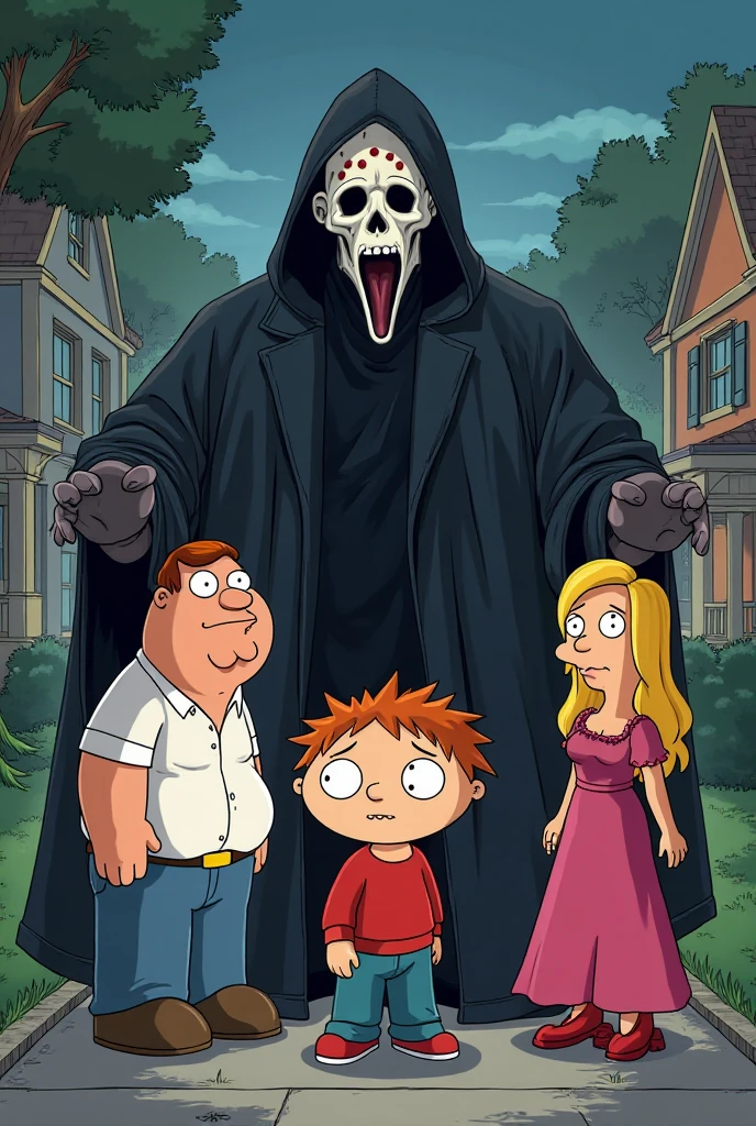Ghostface meets family guy standing near Peter Griffin Stewie Griffin Louis Griffin 