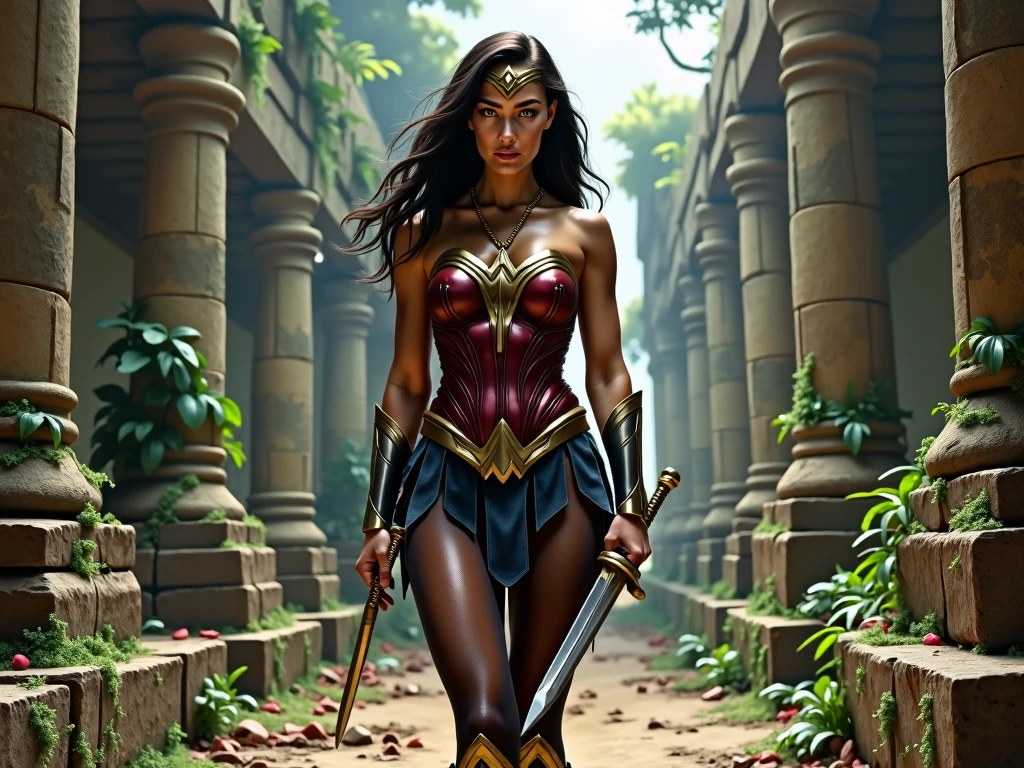 (fantasy style), beautiful female amazon warrior, long flowing hair adorned in revealing ornate intricately designed leather armor and arm guards, thigh straps, high tight boots, poised and dynamic, wielding a gleaming spear, running through a lush, vibrant rainforest jungle valley bursting with color, wildlife and waterfalls, dappled sunlight filtering through the dense foliage, high contrast lighting, thrilling ambiance, ultra-detailed, full body, dynamic pose, life size, perfect anatomy, detailed skin texture, full HD, 4K, HDR, depth of field