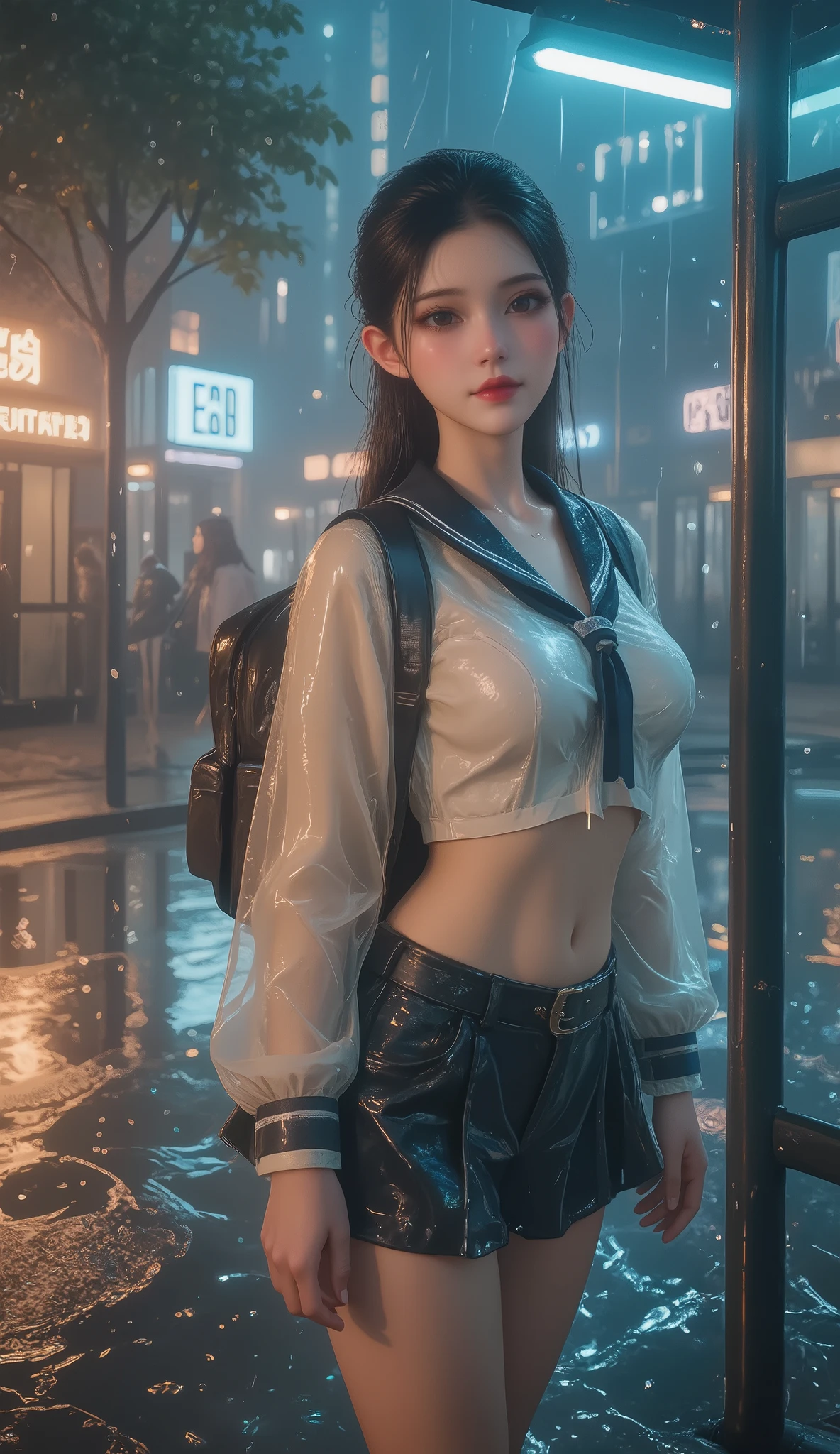 NSFW, TOP QUALITY , HD, 16k, unbelievably ridiculous , very well detailed, 2.5D, Delicate and Dynamic , beautiful woman, attractive smile , busty high school girl , uniform、 sailor suit、、 , backpack, , glitter effect, ((It's raining:1.3))、((My clothes get wet in the rain、and I can see through my underwear:1.7))、 Waiting for the Bus at the Bus Stop , ((Big puddle、Reflected in a puddle:1.8)